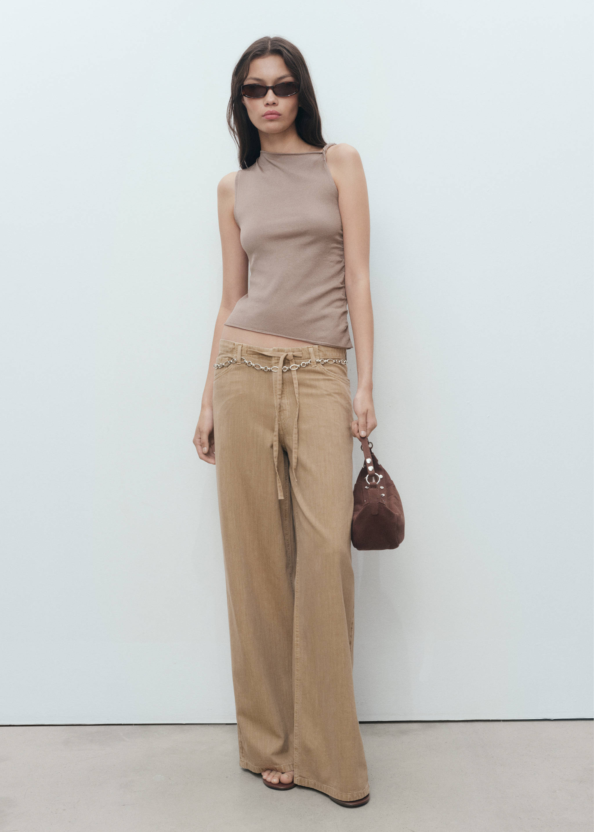 Wide leg denim trousers with belt - General plane