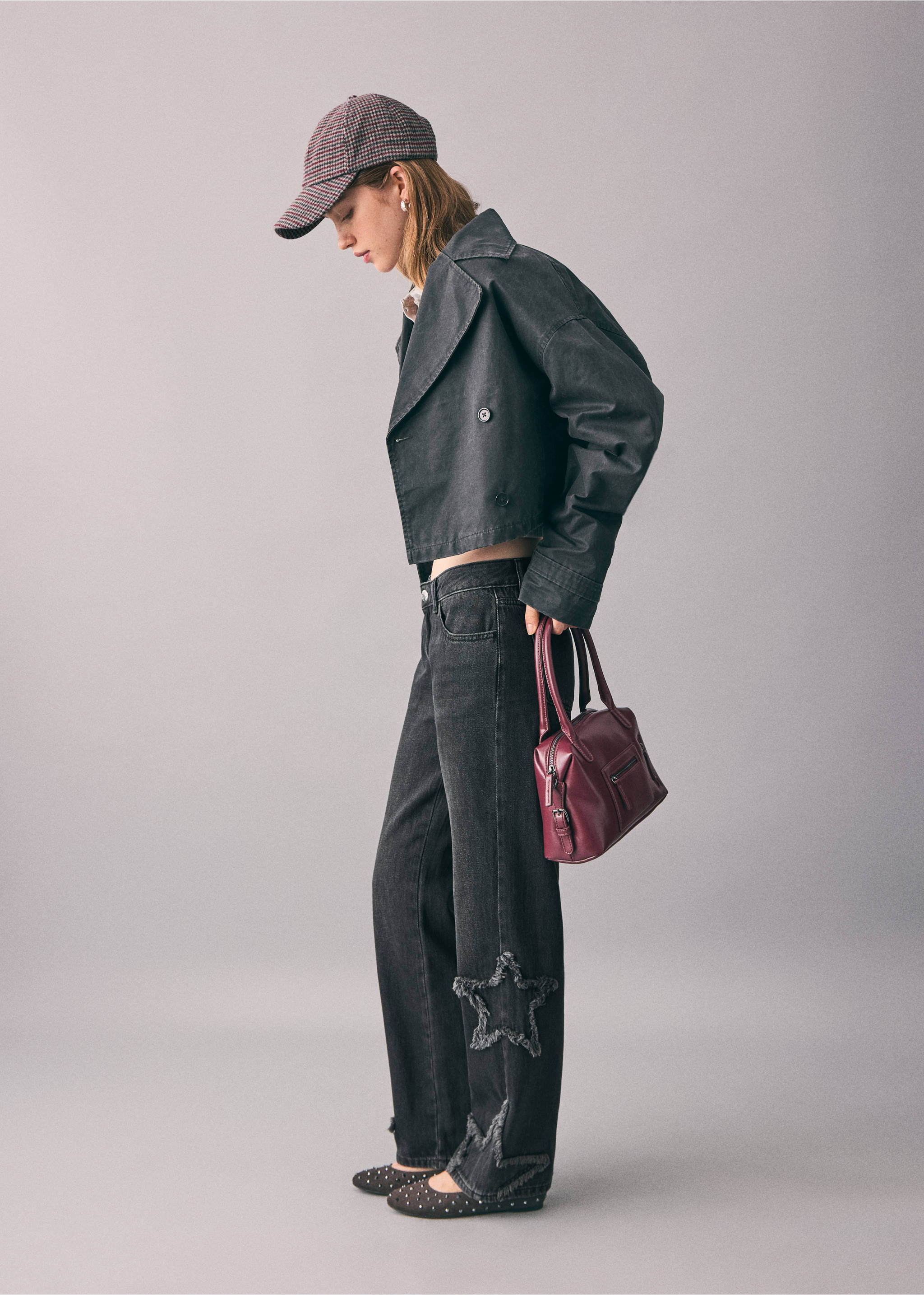 Straight-leg jeans with star embroidery - Medium plane, Black denim. Ref: 17022914-00.