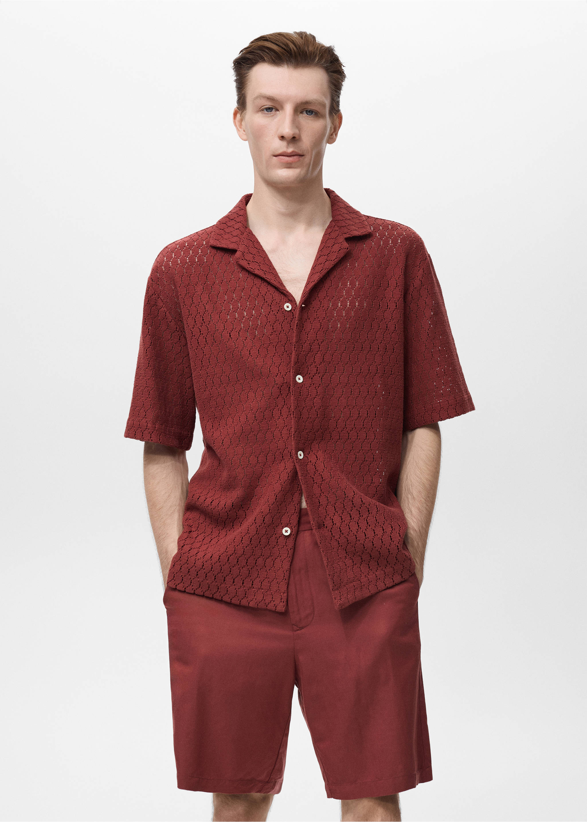 Cotton blouse with openwork detail - Medium plane, Cherry. Ref: 17022915-00.