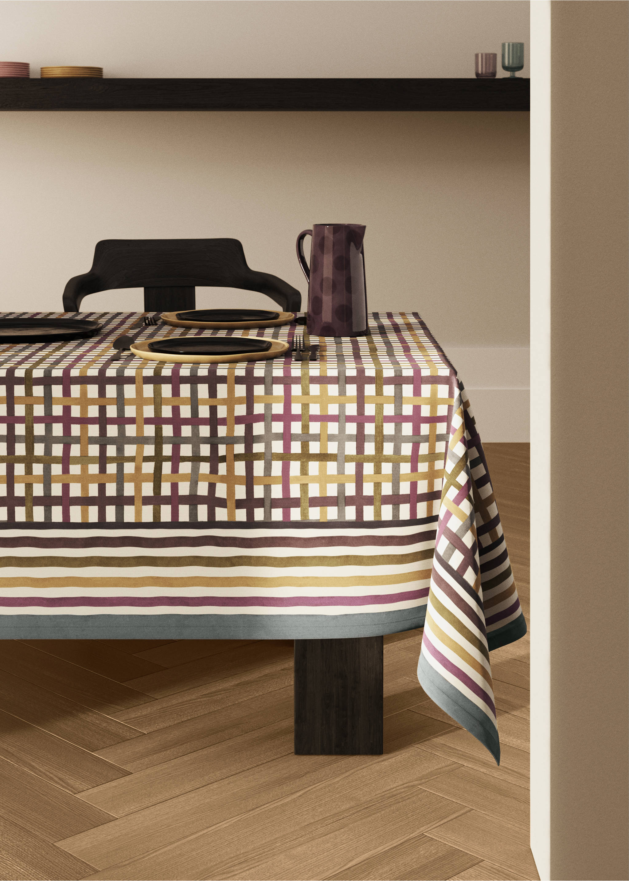 Multi-coloured check resin-coated tablecloth for 8 to 10 diners - General plane, Plum. Ref: 17023326-00.