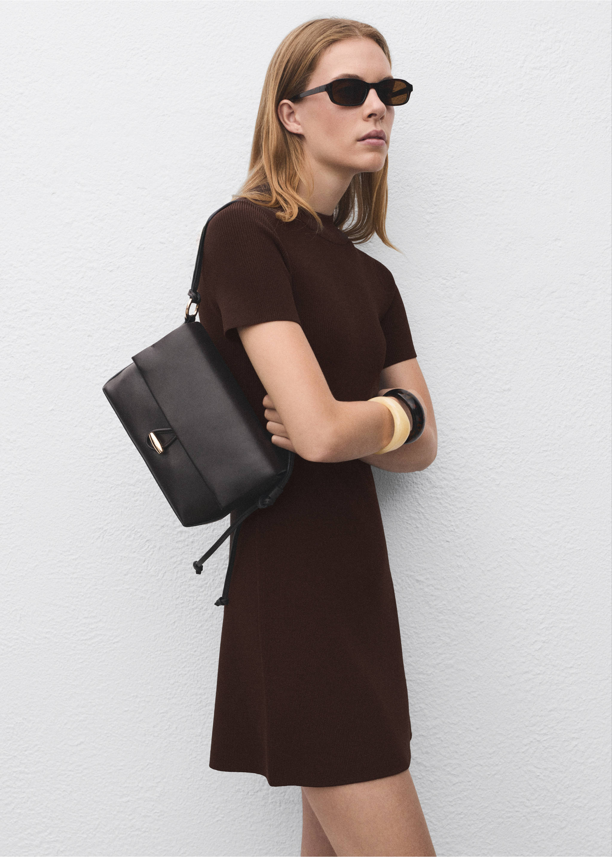 Perkins-neck knitted dress - Medium plane, Chocolate. Ref: 17024099-00.