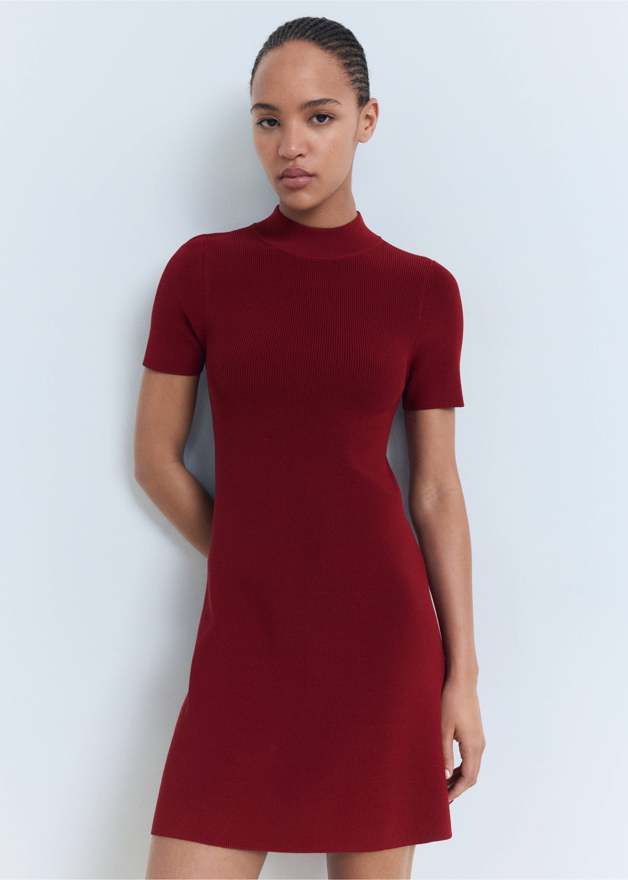 Perkins-neck knitted dress - Medium plane, Wine. Ref: 17024099-00.