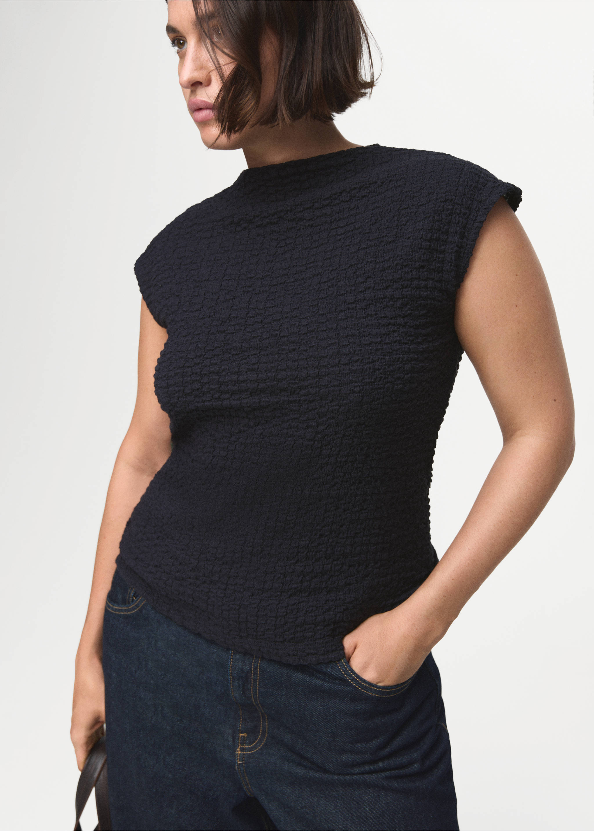 Textured cotton top - Details of the article 5, Navy. Ref: 17024101-00.