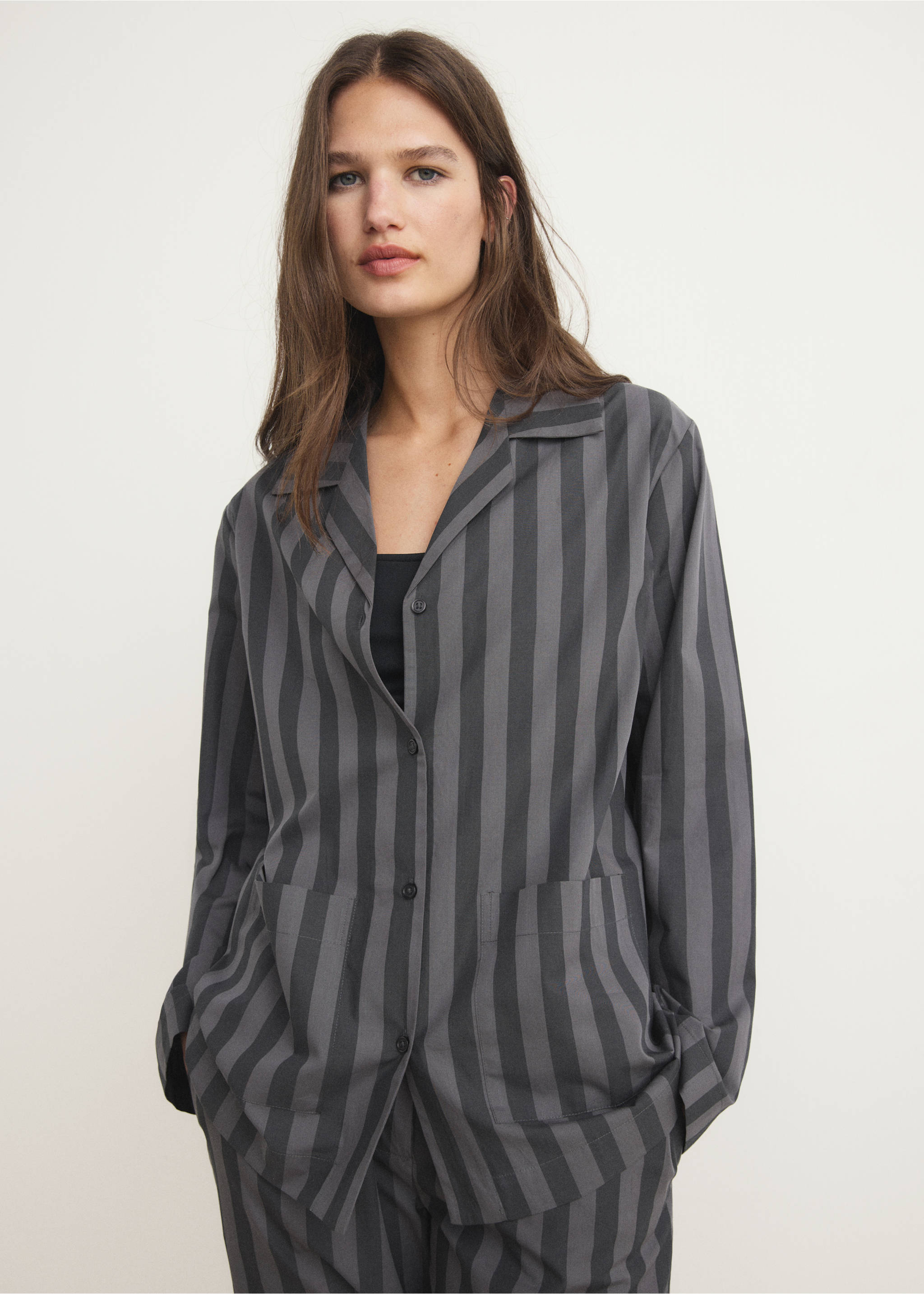 Woven striped pyjama top - Medium plane, Grey. Ref: 17024111-00.