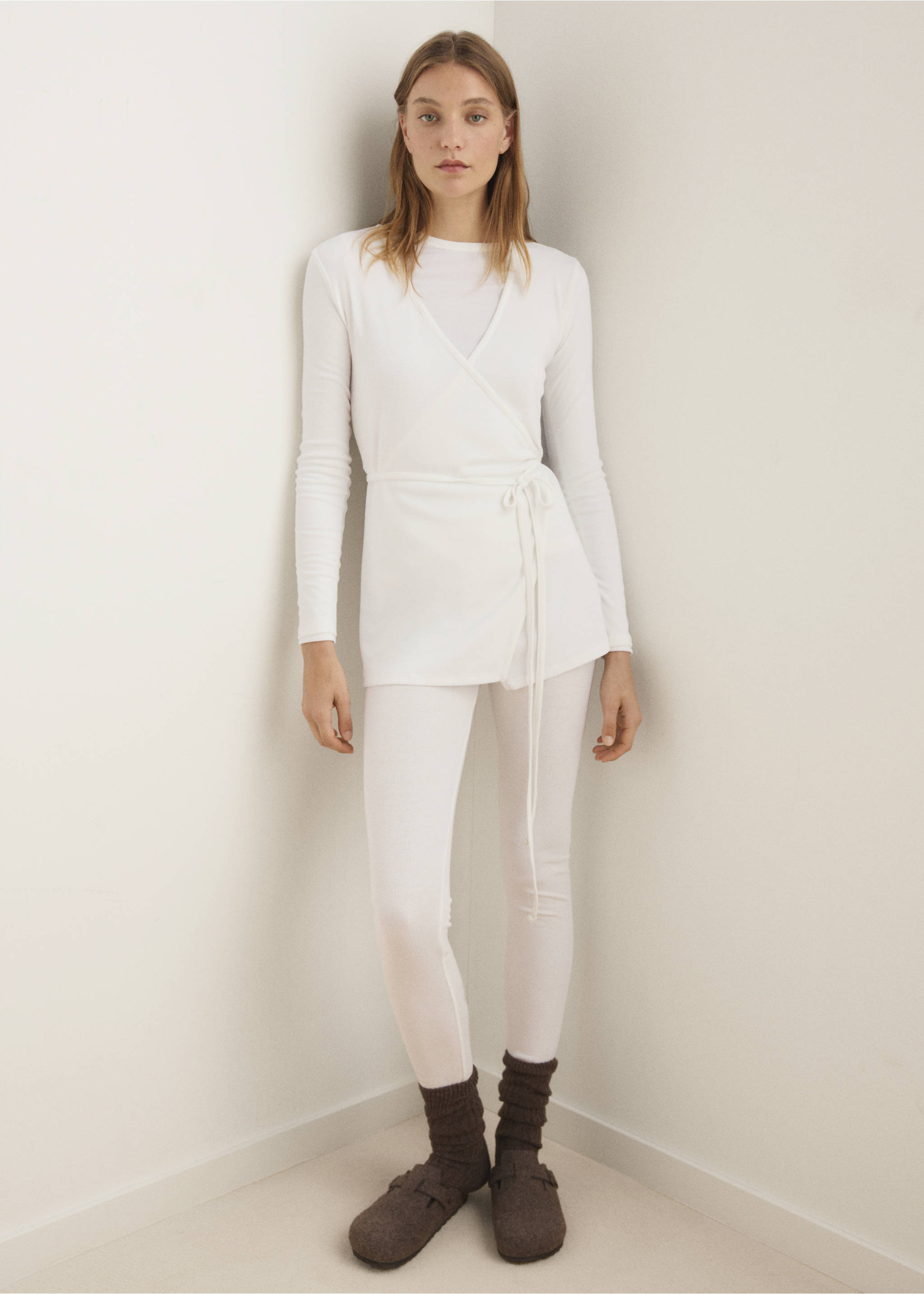 Rib-knit cardigan with tie - General plane, Ivory White. Ref: 17024112-00.