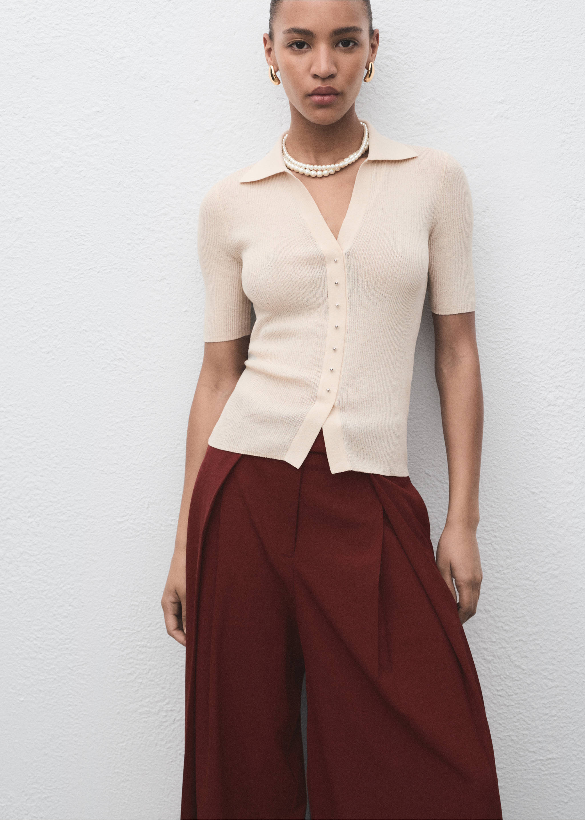Wide leg pleated suit trousers - Details of the article 1, Dark Orange. Ref: 17024120-00.