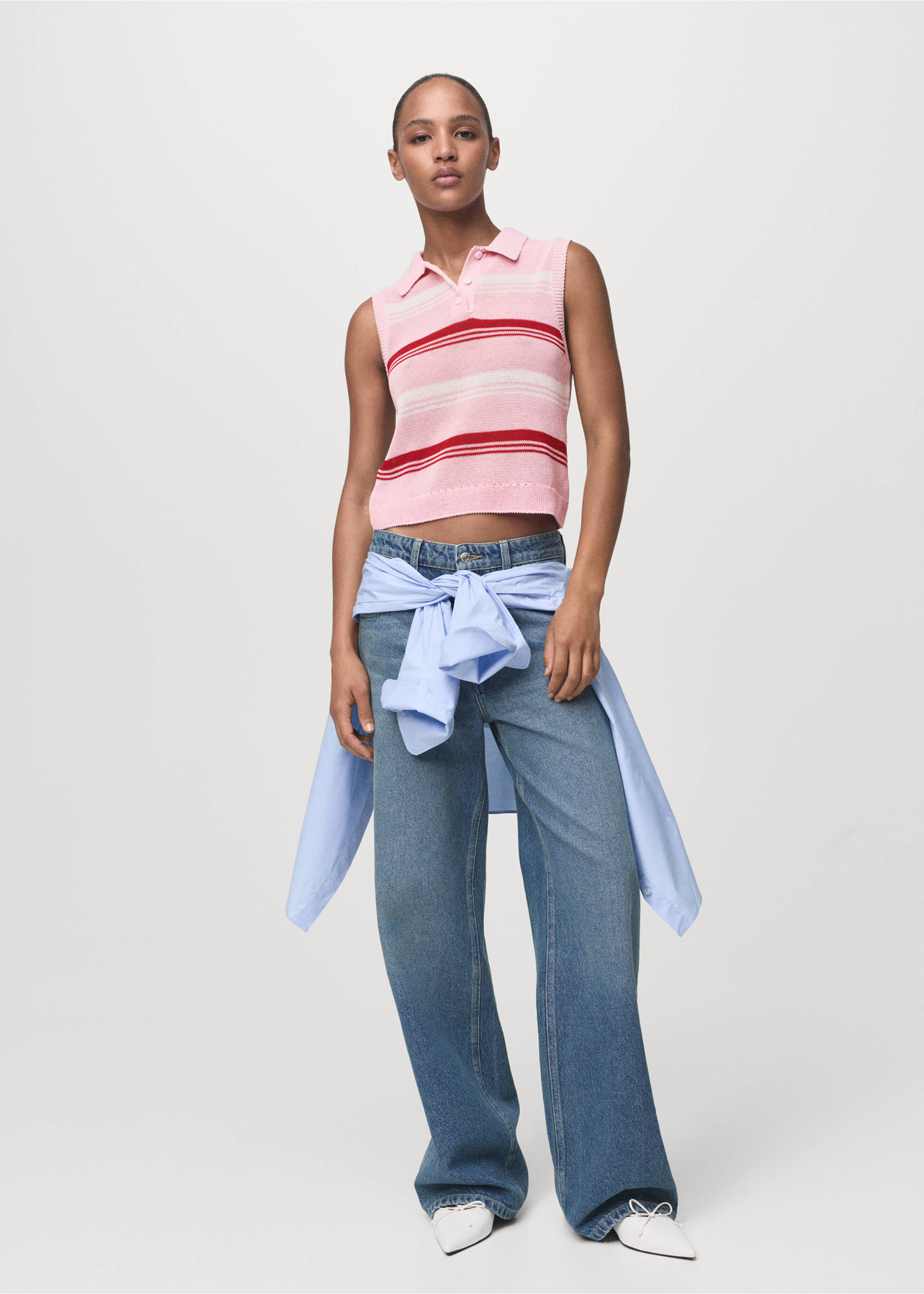 Striped knitted polo-neck top - General plane, Pastel Pink. Ref: 17024142-00.