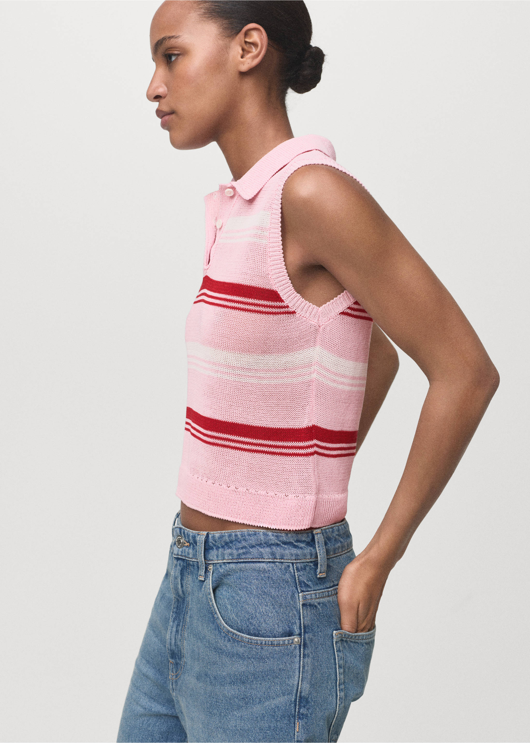 Striped knitted polo-neck top - Medium plane, Pastel Pink. Ref: 17024142-00.