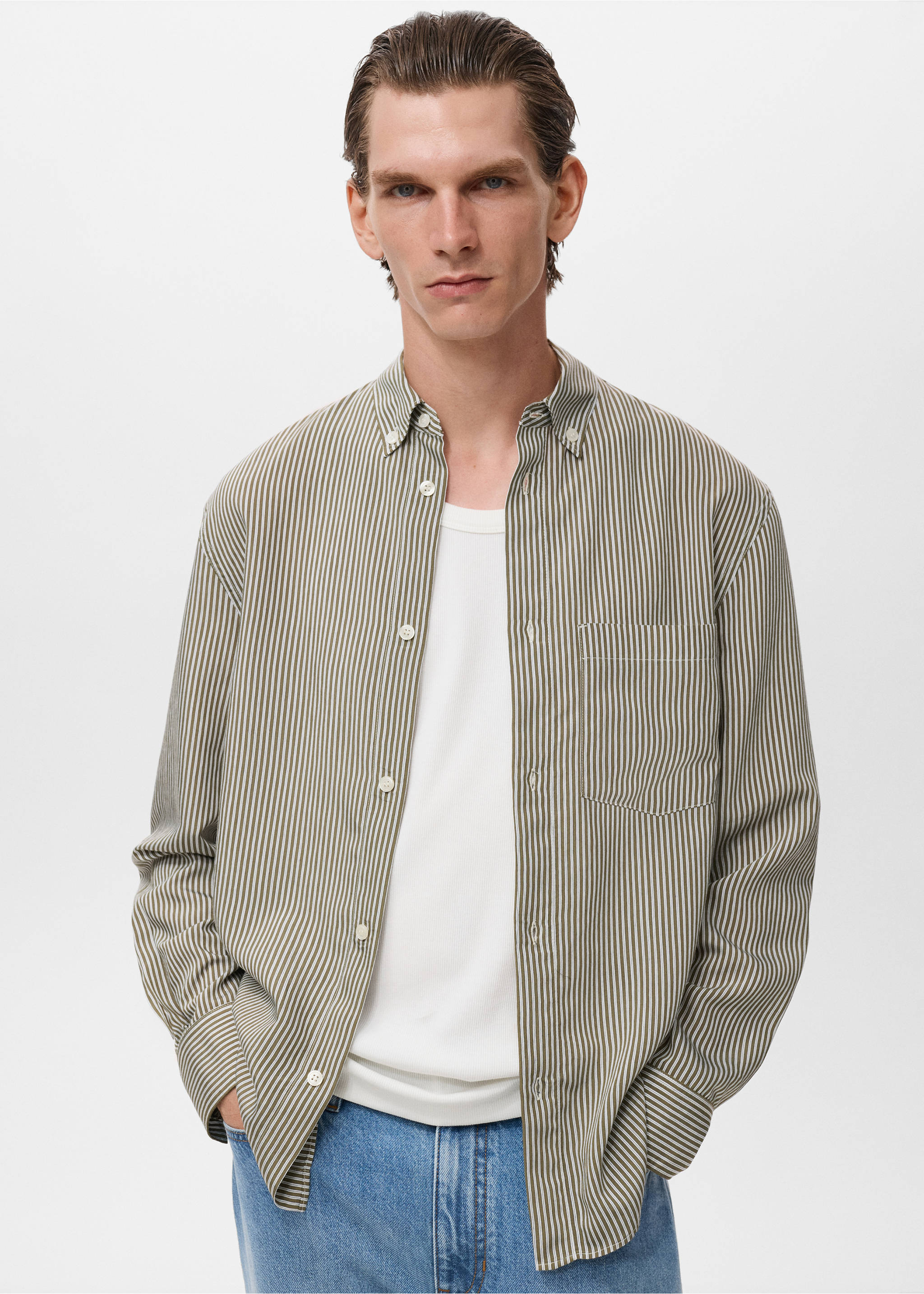 Regular fit striped print shirt - Medium plane, Olive Green. Ref: 17024449-00.