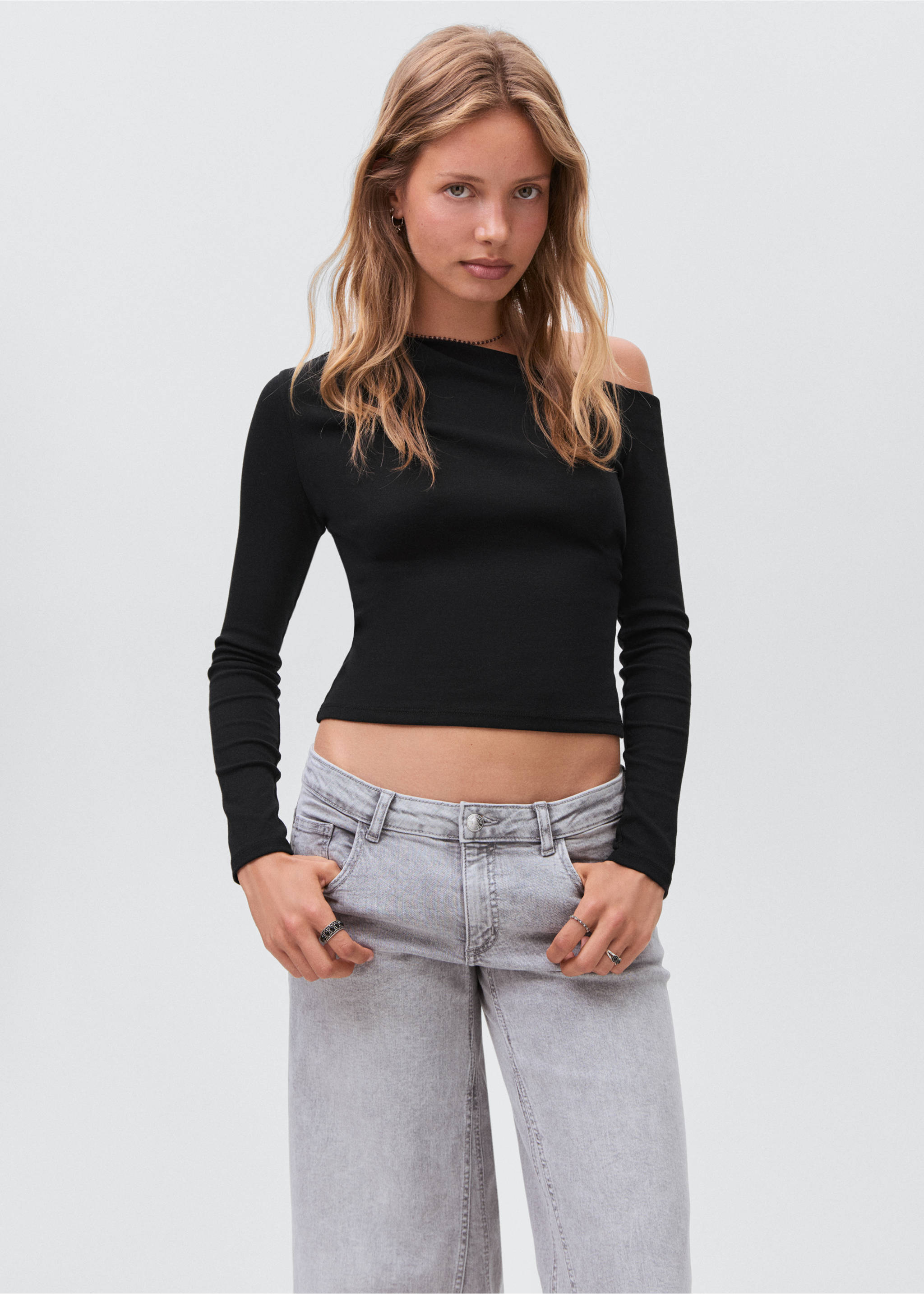Asymmetric cotton T-shirt - Medium plane, Black. Ref: 17024778-00.