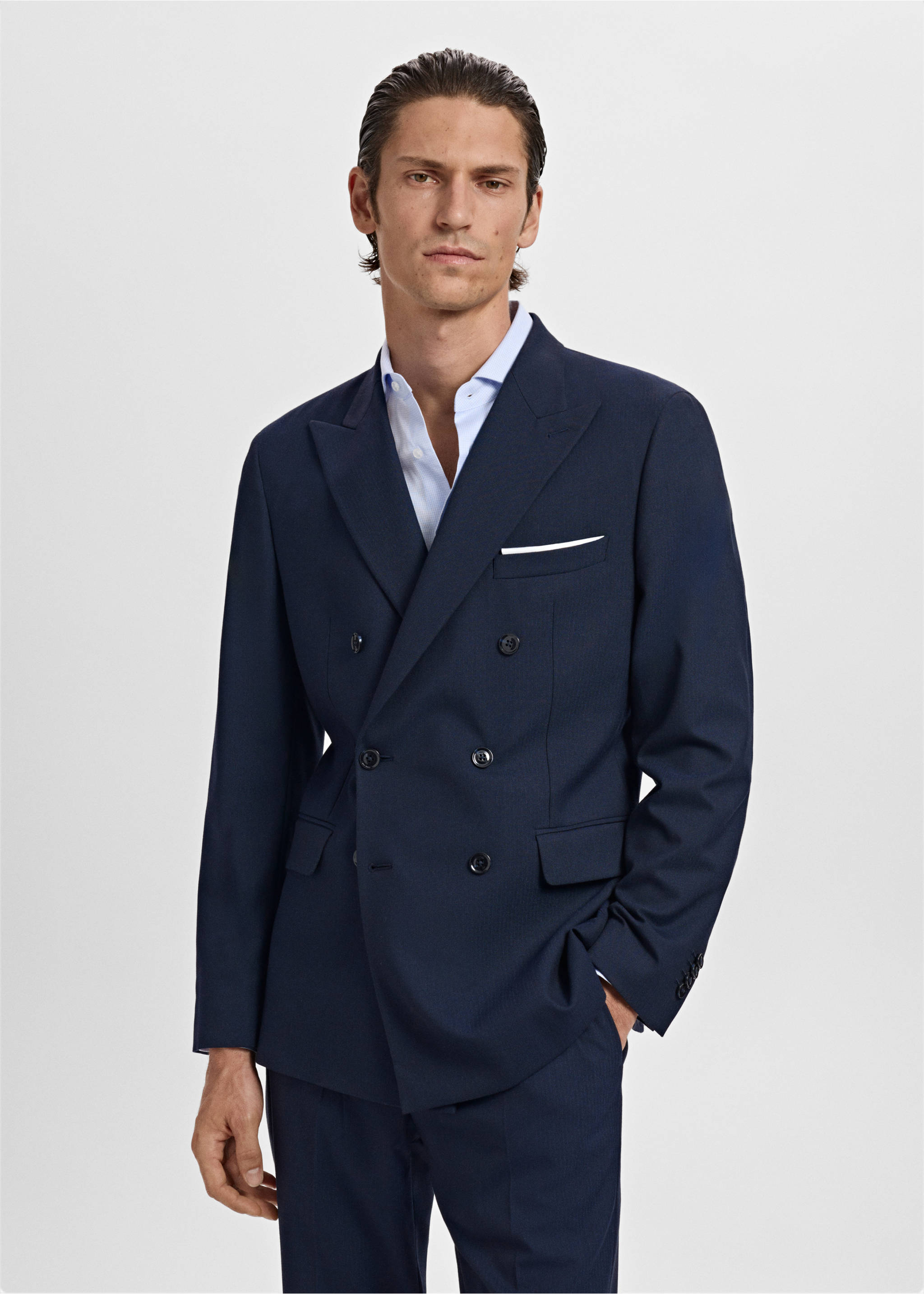Monaco double-breasted slim-fit suit jacket - Medium plane, Navy. Ref: 17025150-00.