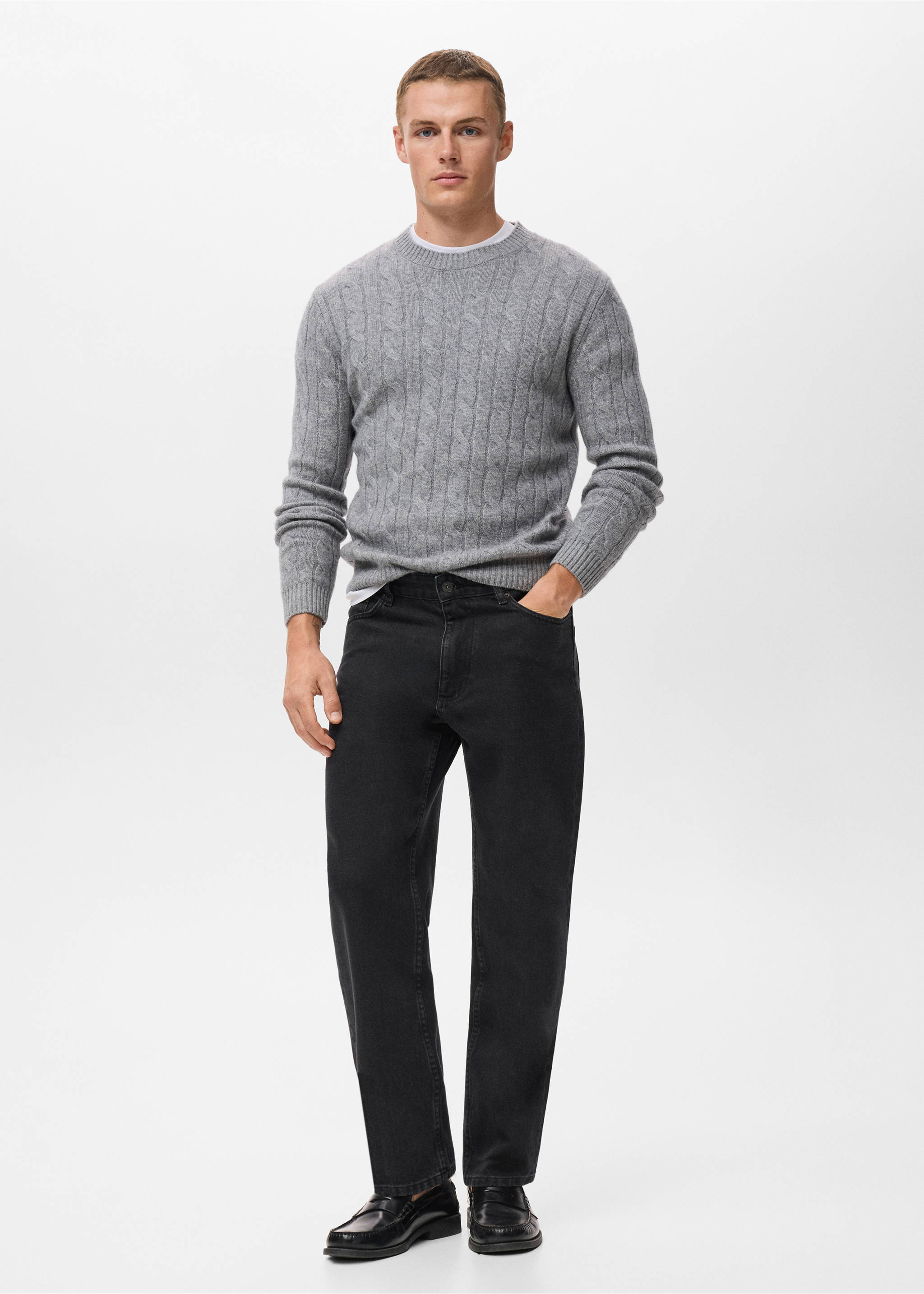 Black straight-leg denim trousers worn with a grey cable-knit sweater., Black denim. Ref: 17025174-00.