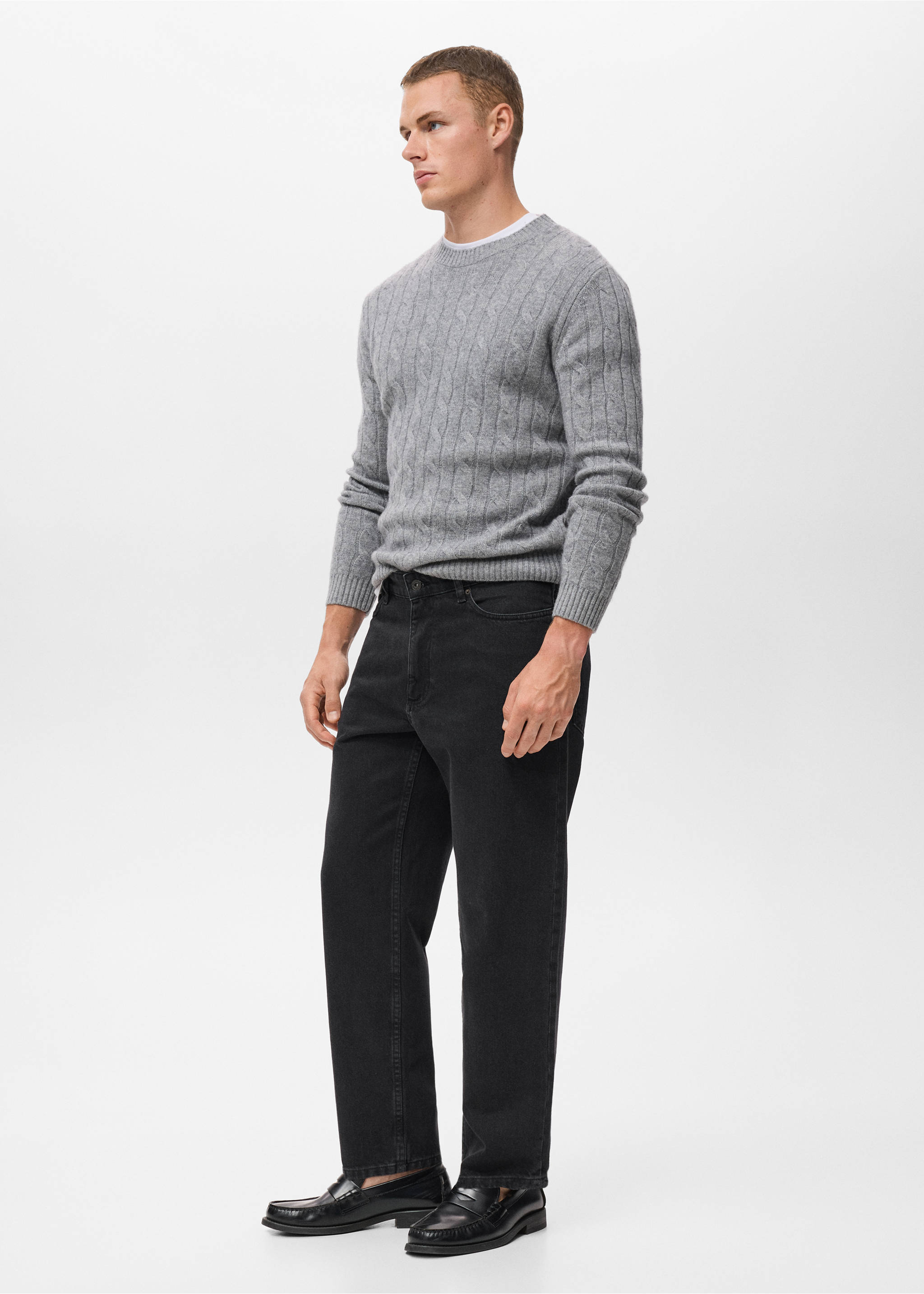 Black straight-fit denim trousers worn with a grey cable-knit sweater and loafers., Black denim. Ref: 17025174-00.