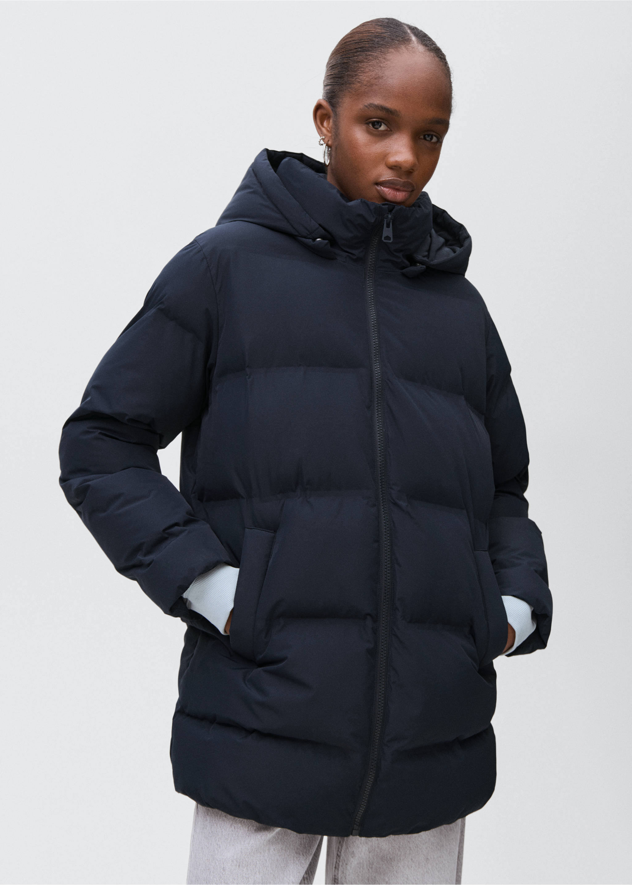 Quilted long coat - Details of the article 2, Navy. Ref: 17025787-00.