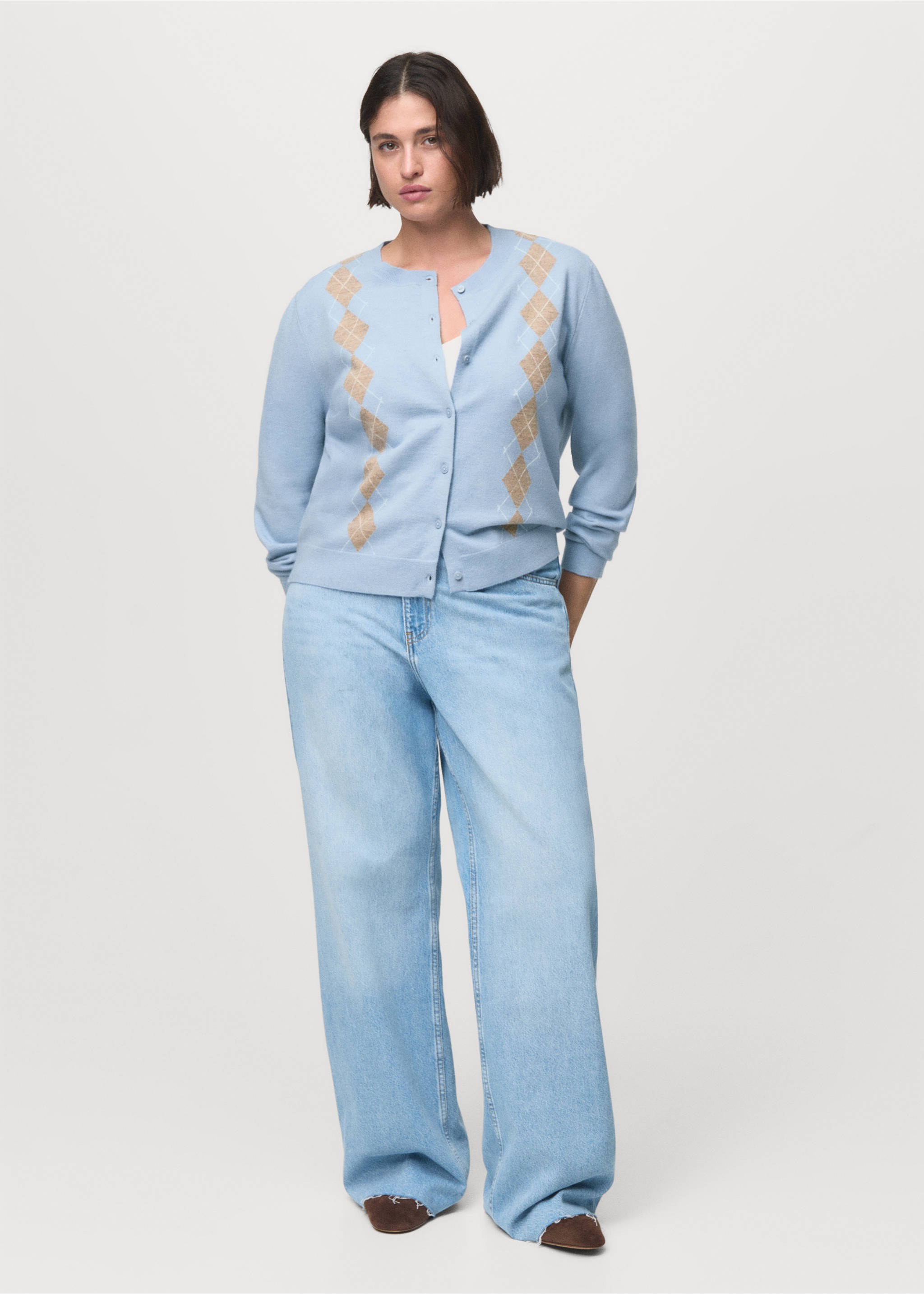 Argyle pattern knit cardigan - Details of the article 3, Sky Blue. Ref: 17025801-00.