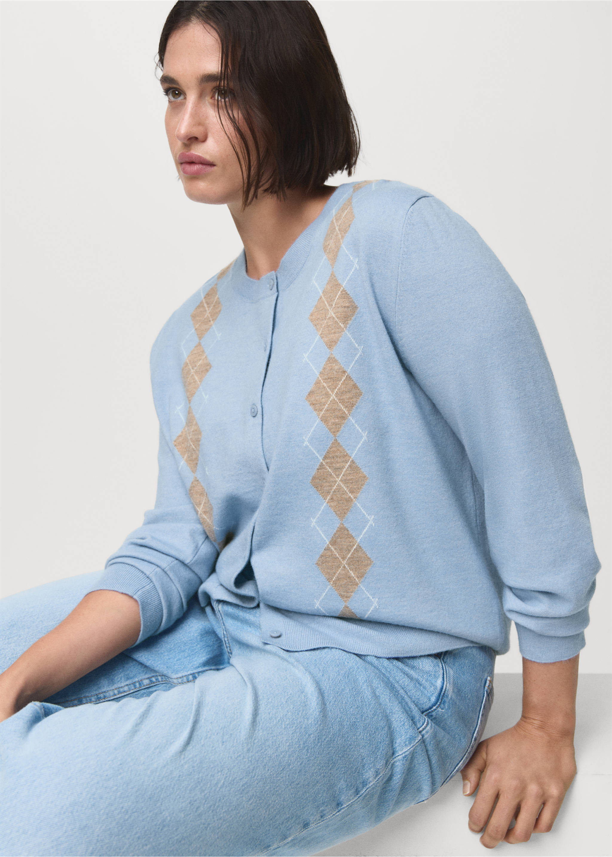 Argyle pattern knit cardigan - Details of the article 4, Sky Blue. Ref: 17025801-00.