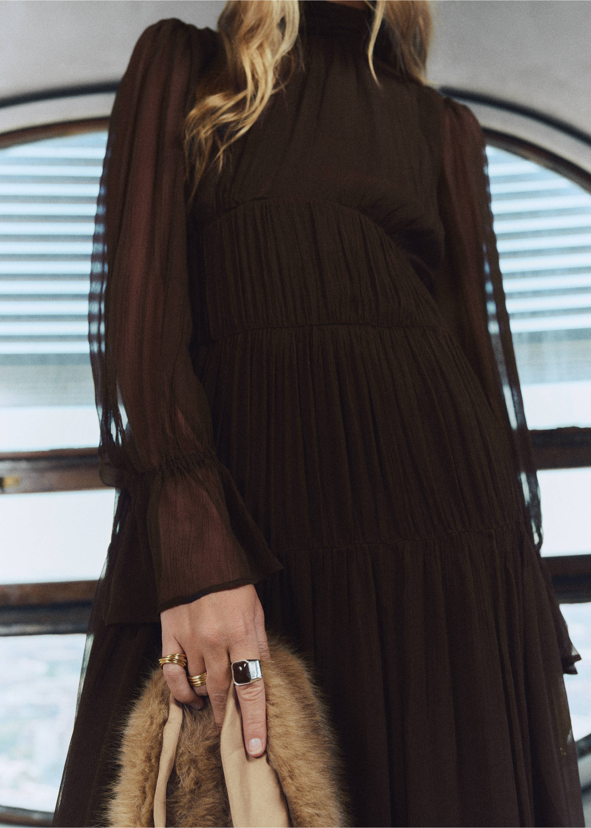 Dark brown pleated midi dress with high neck and long sleeves., Chocolate. Ref: 17025815-00.