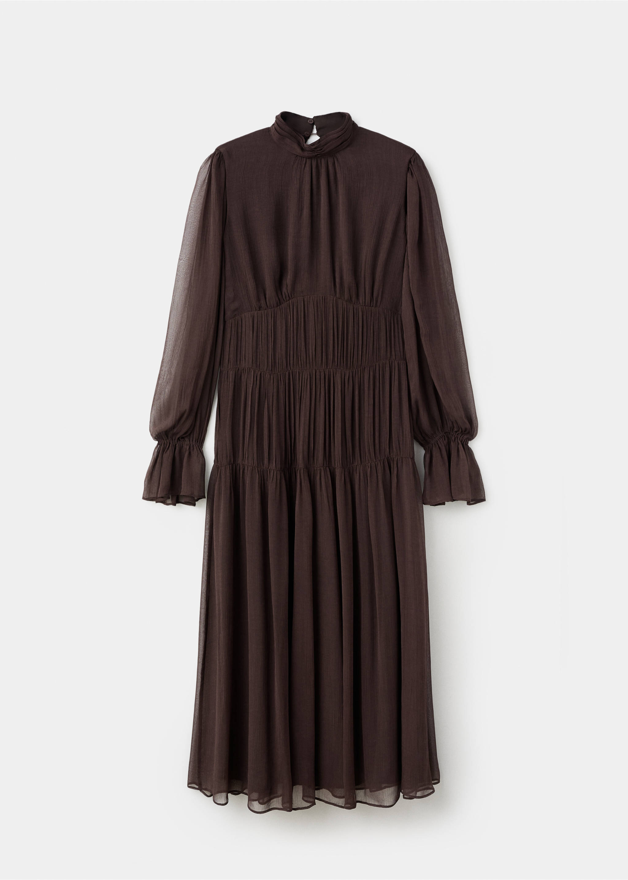 Dark brown midi dress with high neck, long sheer sleeves and tiered skirt., Chocolate. Ref: 17025815-00.