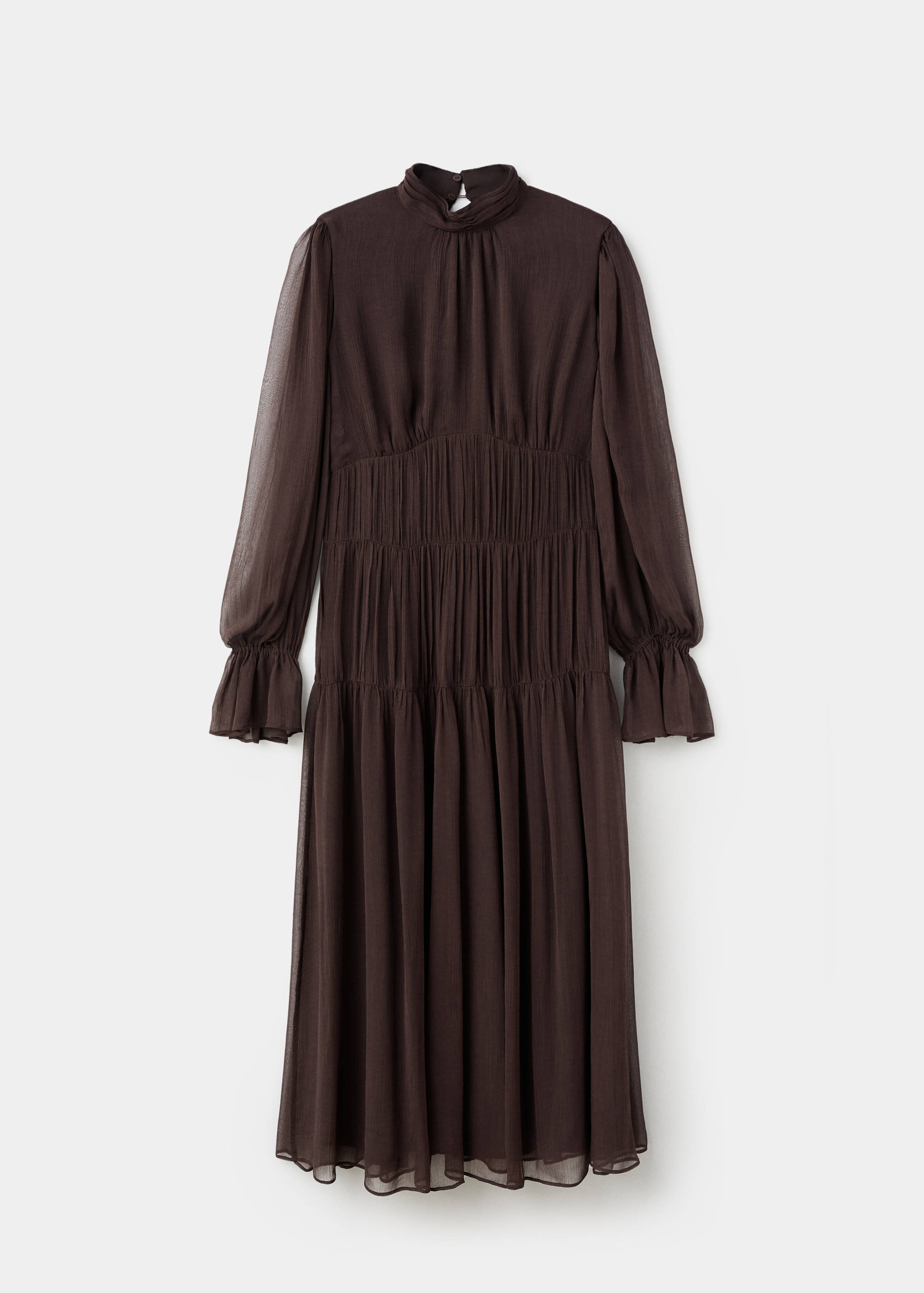 Dark brown midi dress with high neck, long sheer sleeves and tiered skirt.