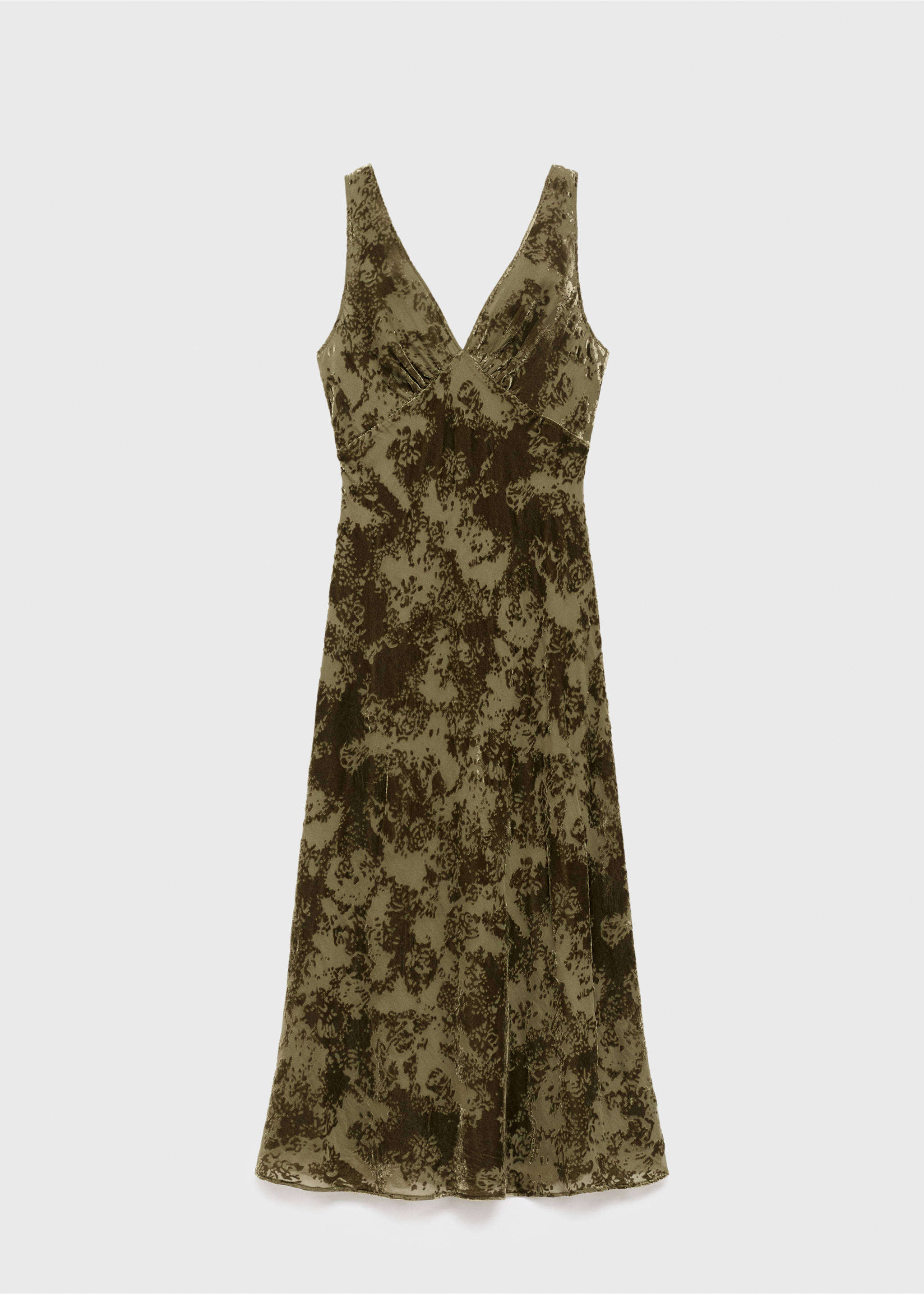 Olive green floral patterned V-neck midi dress with wide straps., Pastel Green. Ref: 17025816-00.