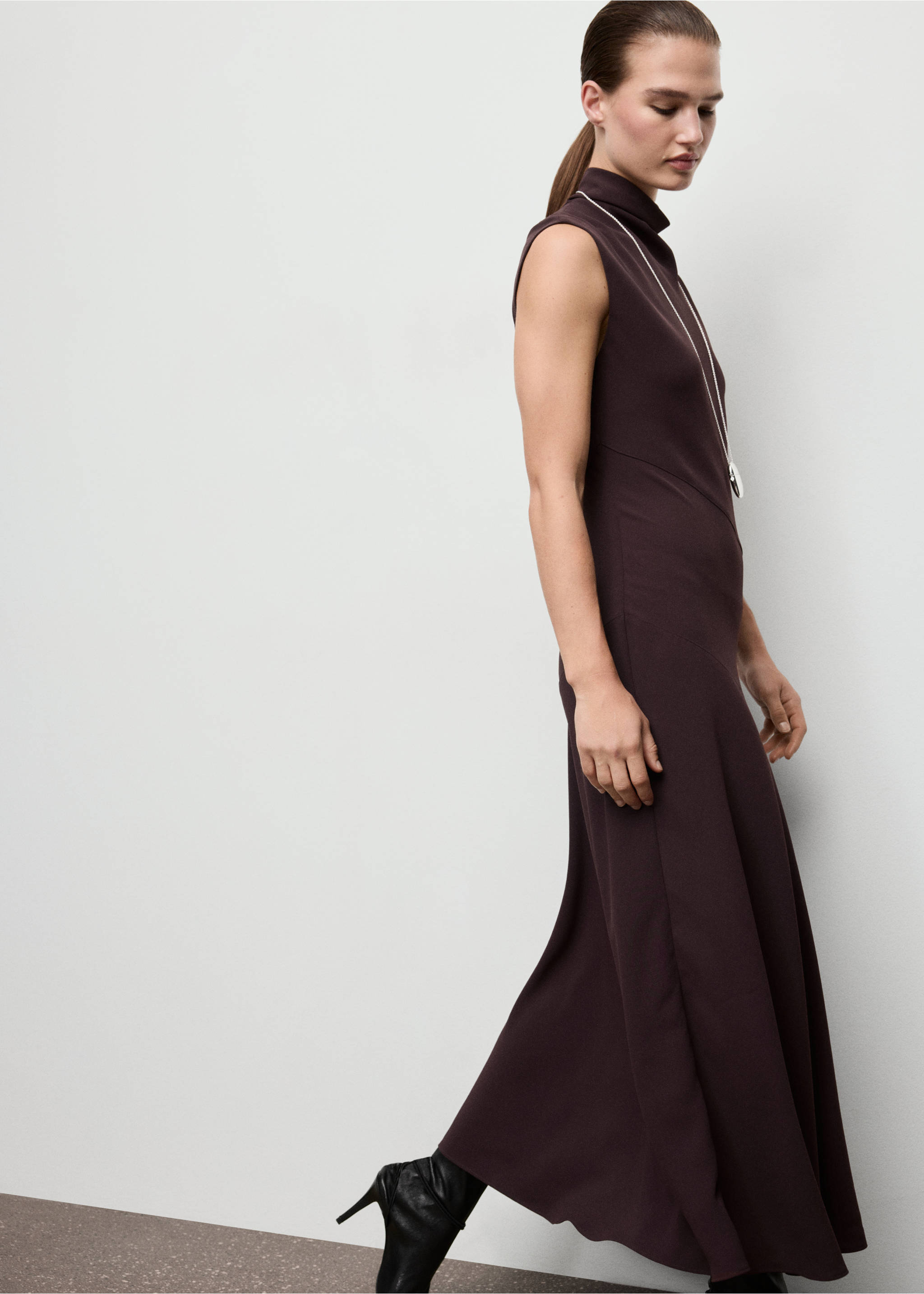 Dark plum sleeveless high-neck maxi dress with asymmetrical waist., Brown. Ref: 17025818-00.