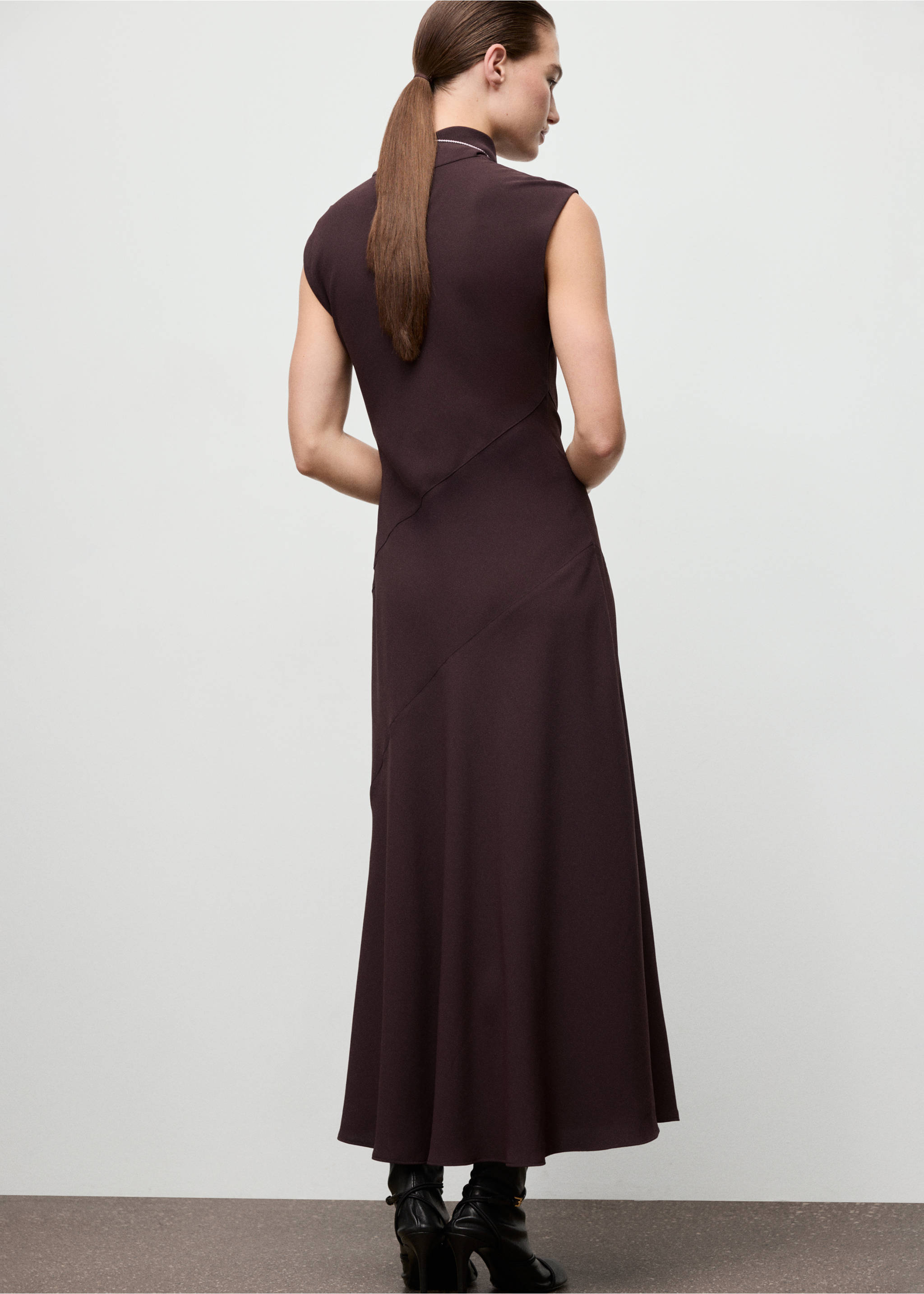 Dark plum sleeveless midi dress with a high neck, shown from the back., Brown. Ref: 17025818-00.