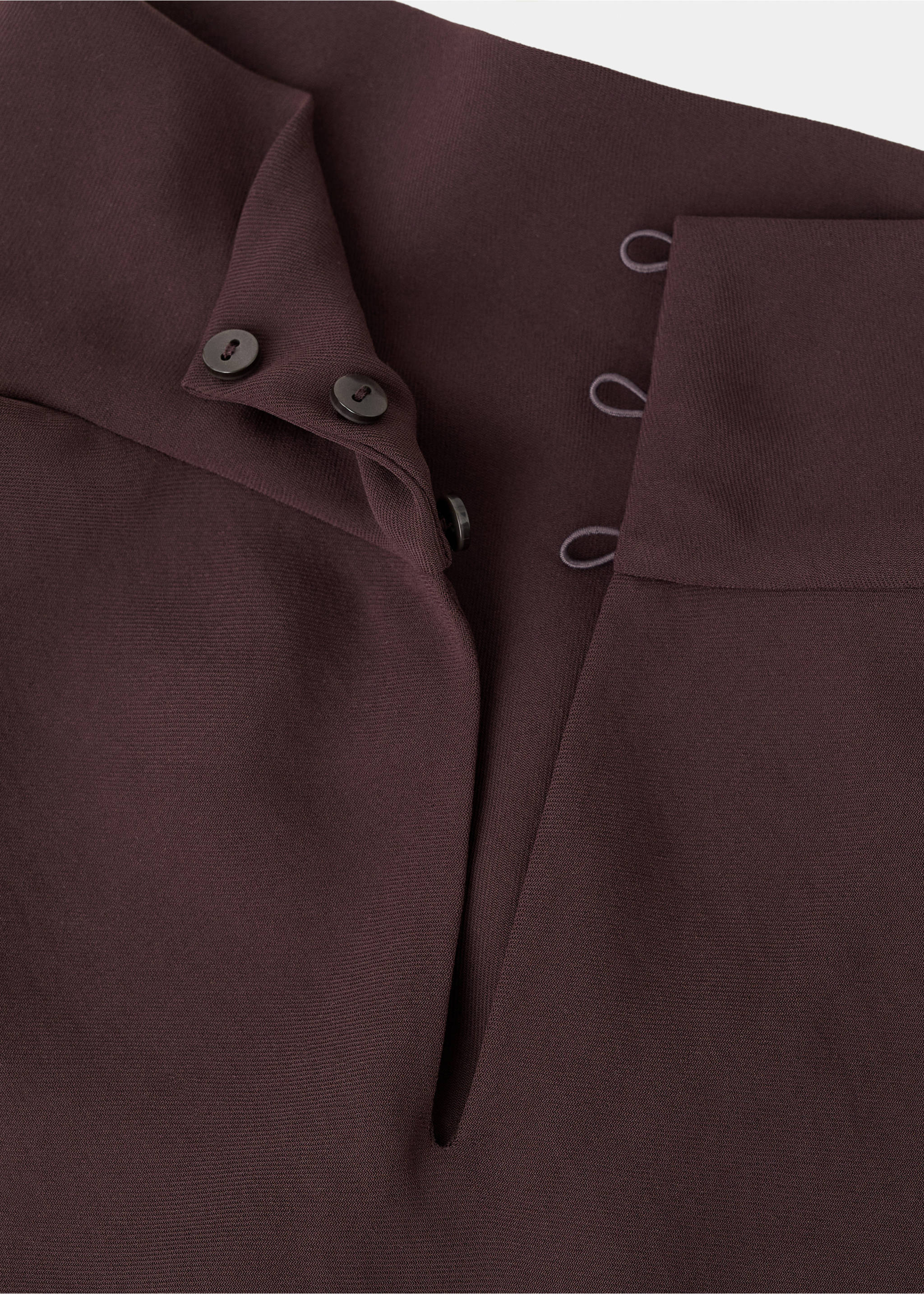 Dark burgundy dress fabric and buttoned waistband detail., Brown. Ref: 17025818-00.