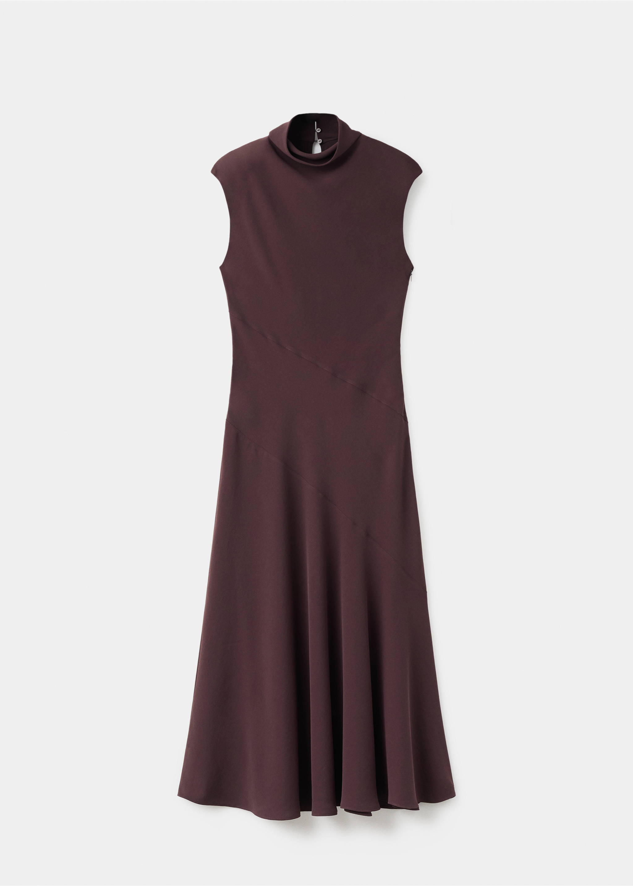 Burgundy sleeveless midi dress with a high funnel neck and diagonal seam details., Brown. Ref: 17025818-00.