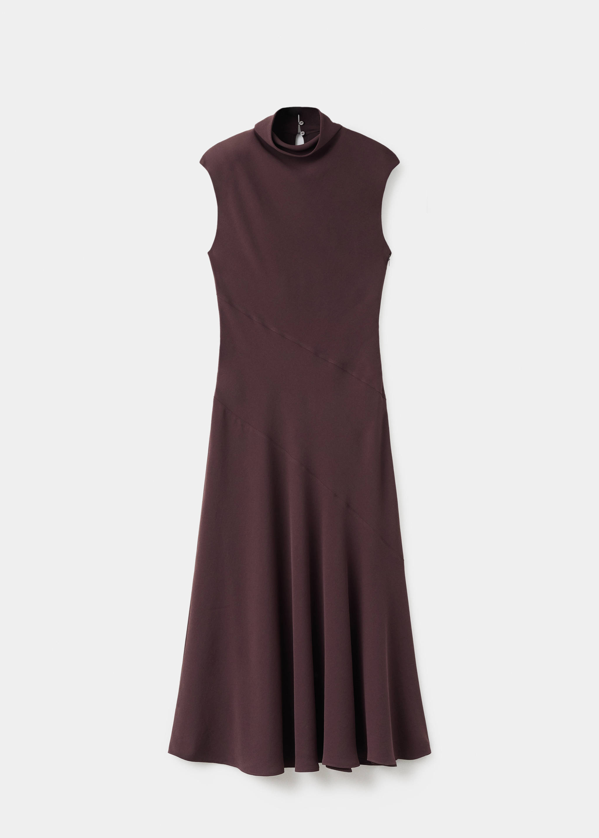 Burgundy sleeveless midi dress with a high funnel neck and diagonal seam details.