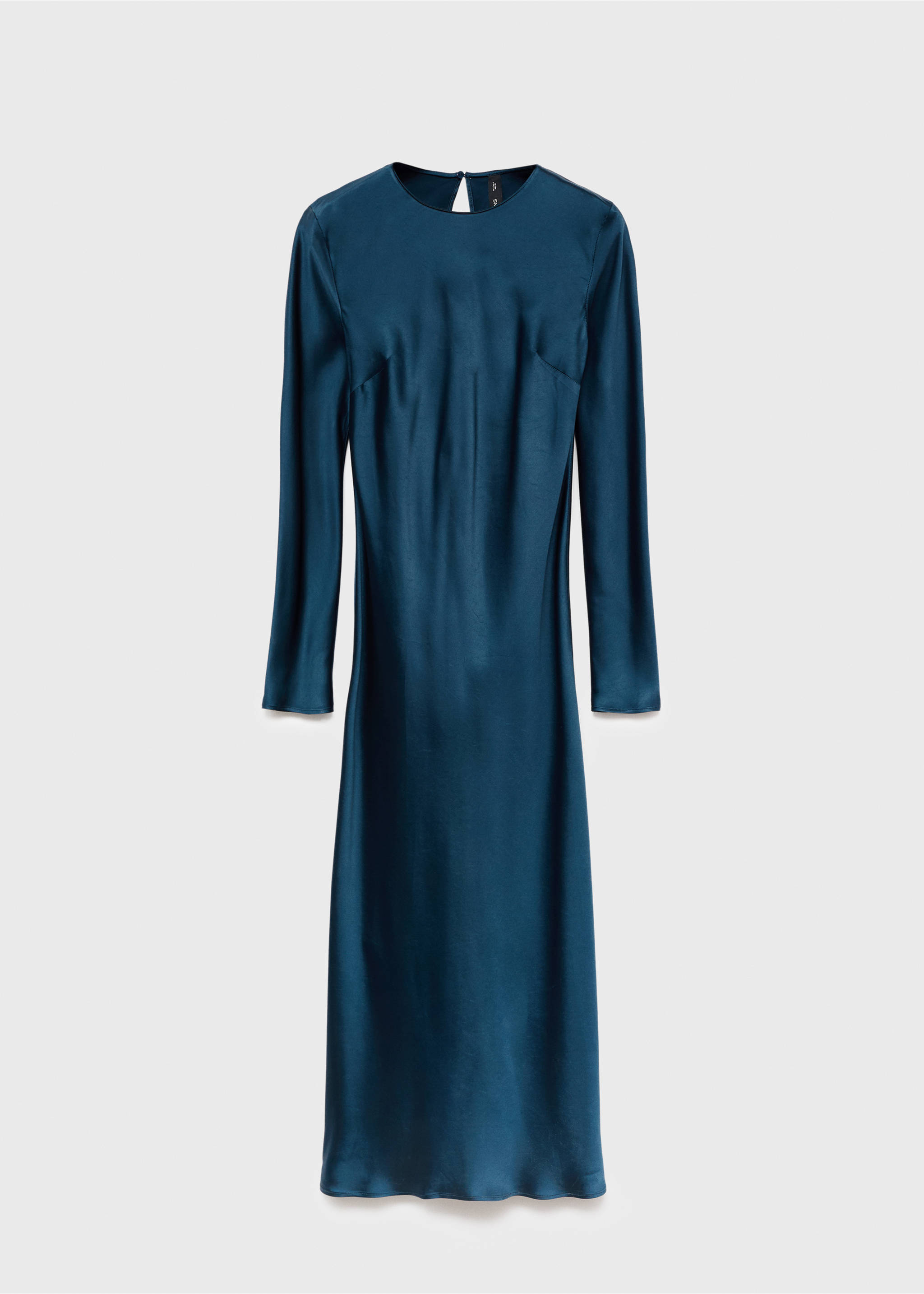 Teal long-sleeved midi dress in satin with a round neckline., Navy. Ref: 17025821-00.
