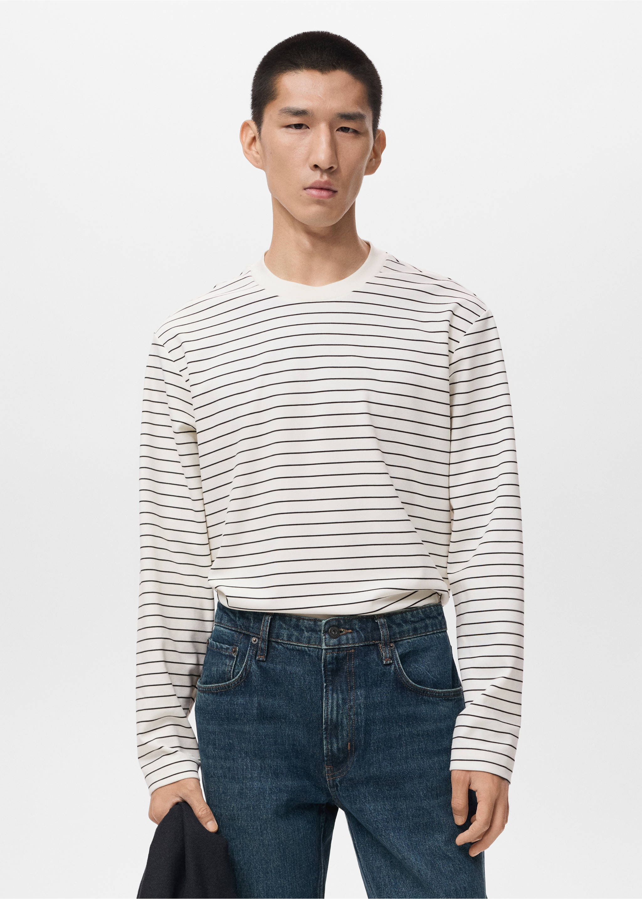Striped long sleeves t-shirt - Medium plane, Ecru. Ref: 17025978-00.