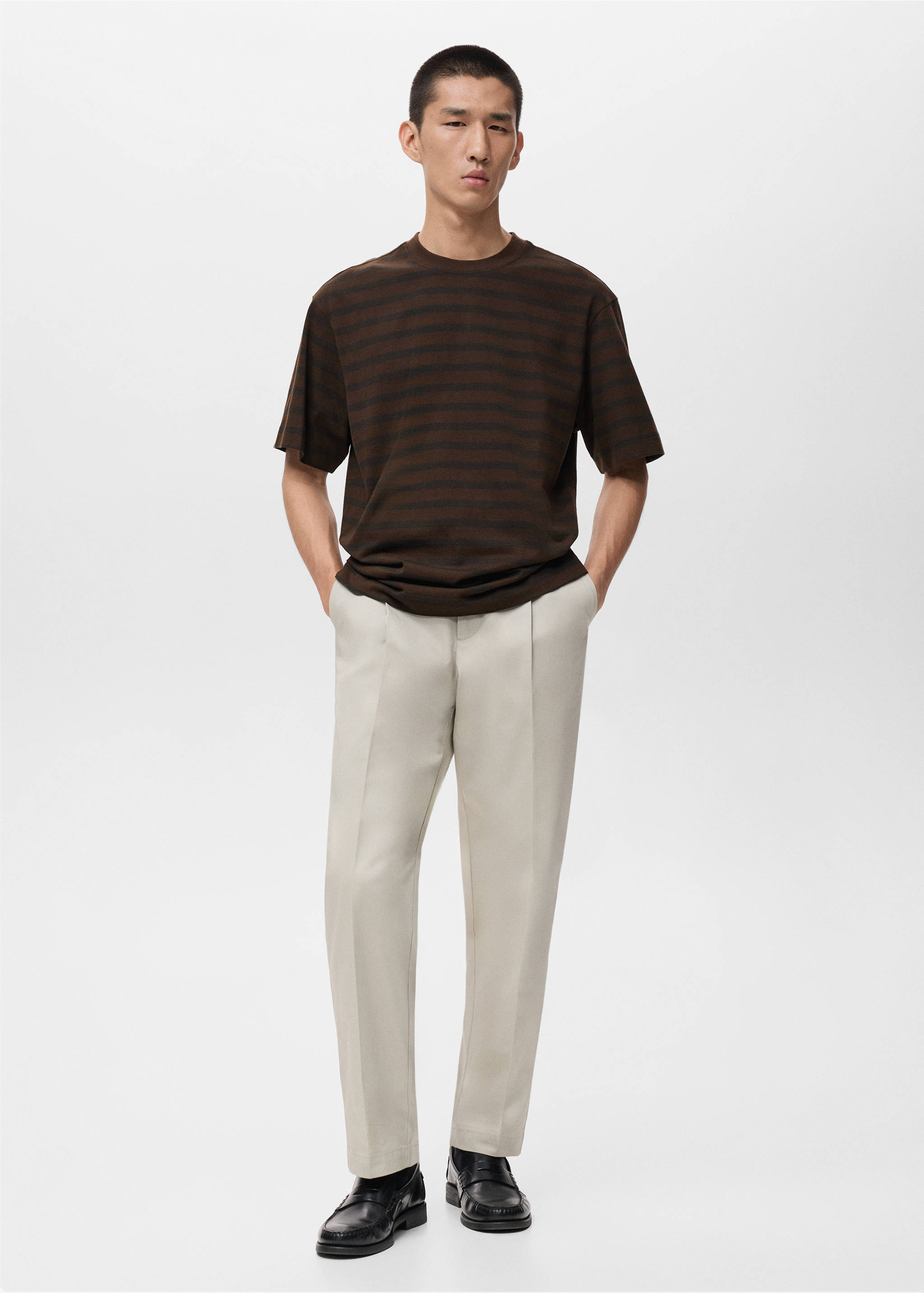 100% cotton relaxed-fit striped t-shirt - General plane, Medium Brown. Ref: 17025980-00.