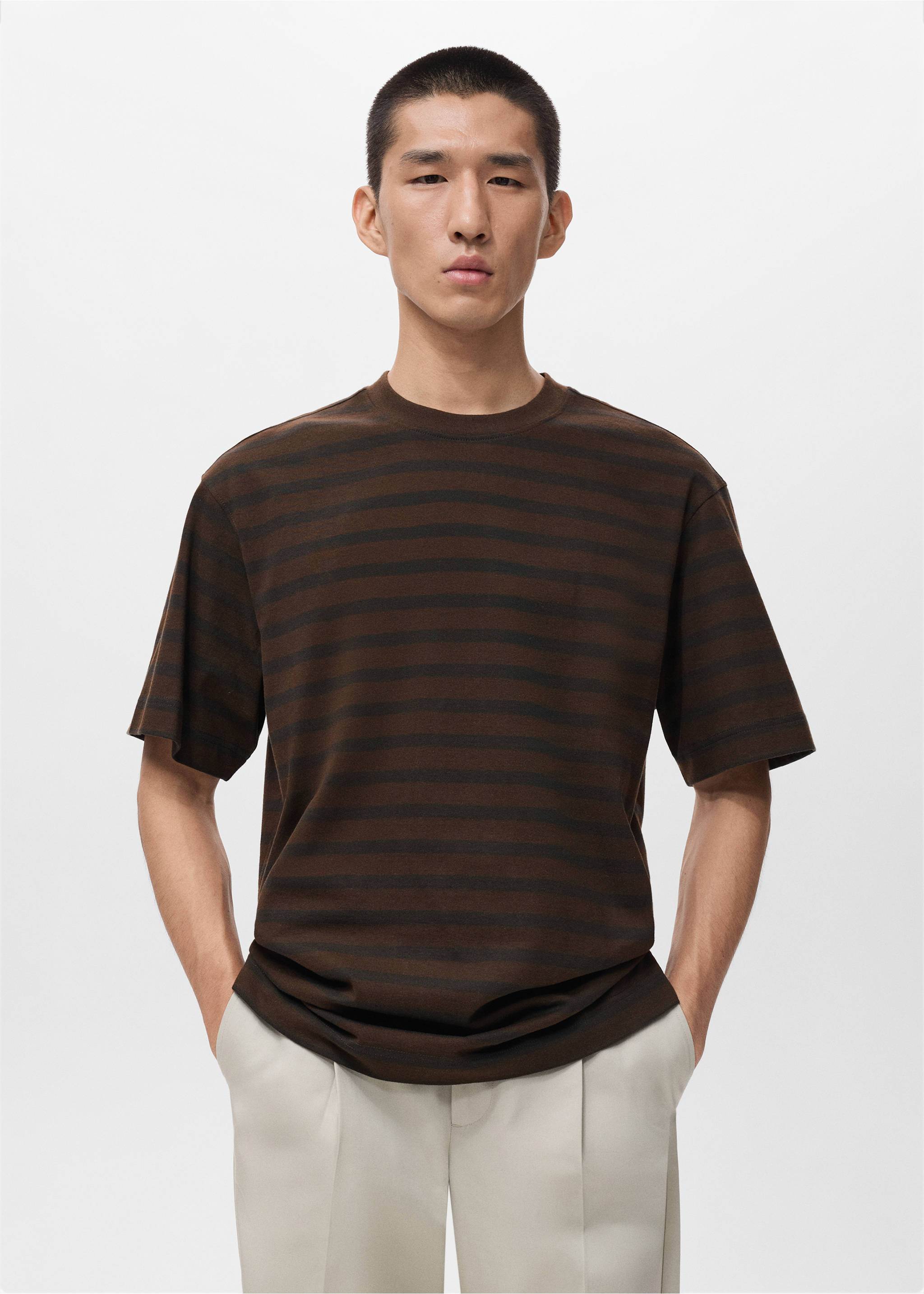 100% cotton relaxed-fit striped t-shirt - Medium plane, Medium Brown. Ref: 17025980-00.