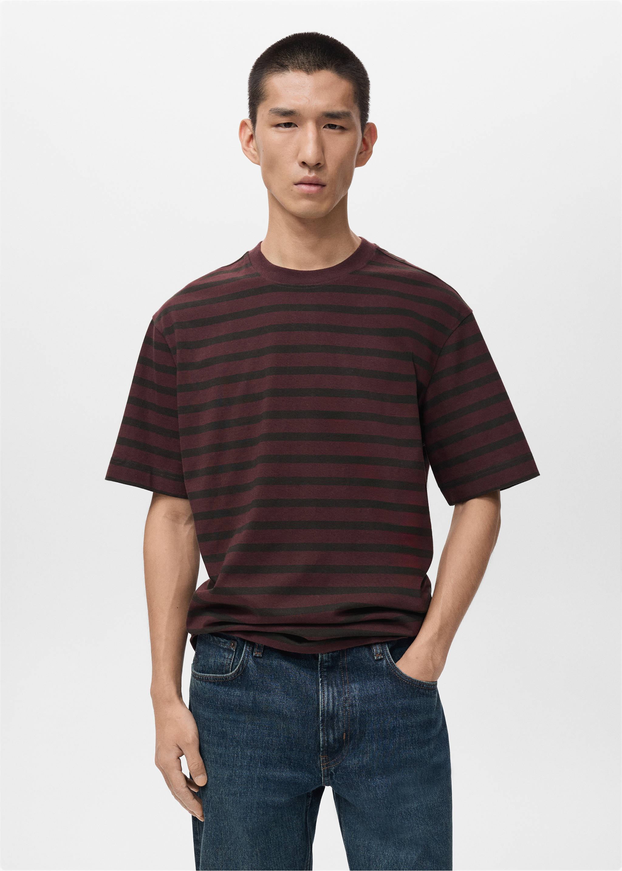 T-shirt 100 % coton rayures relaxed-fit - Plan moyen, Lie de vin. Ref: 17025980-00.