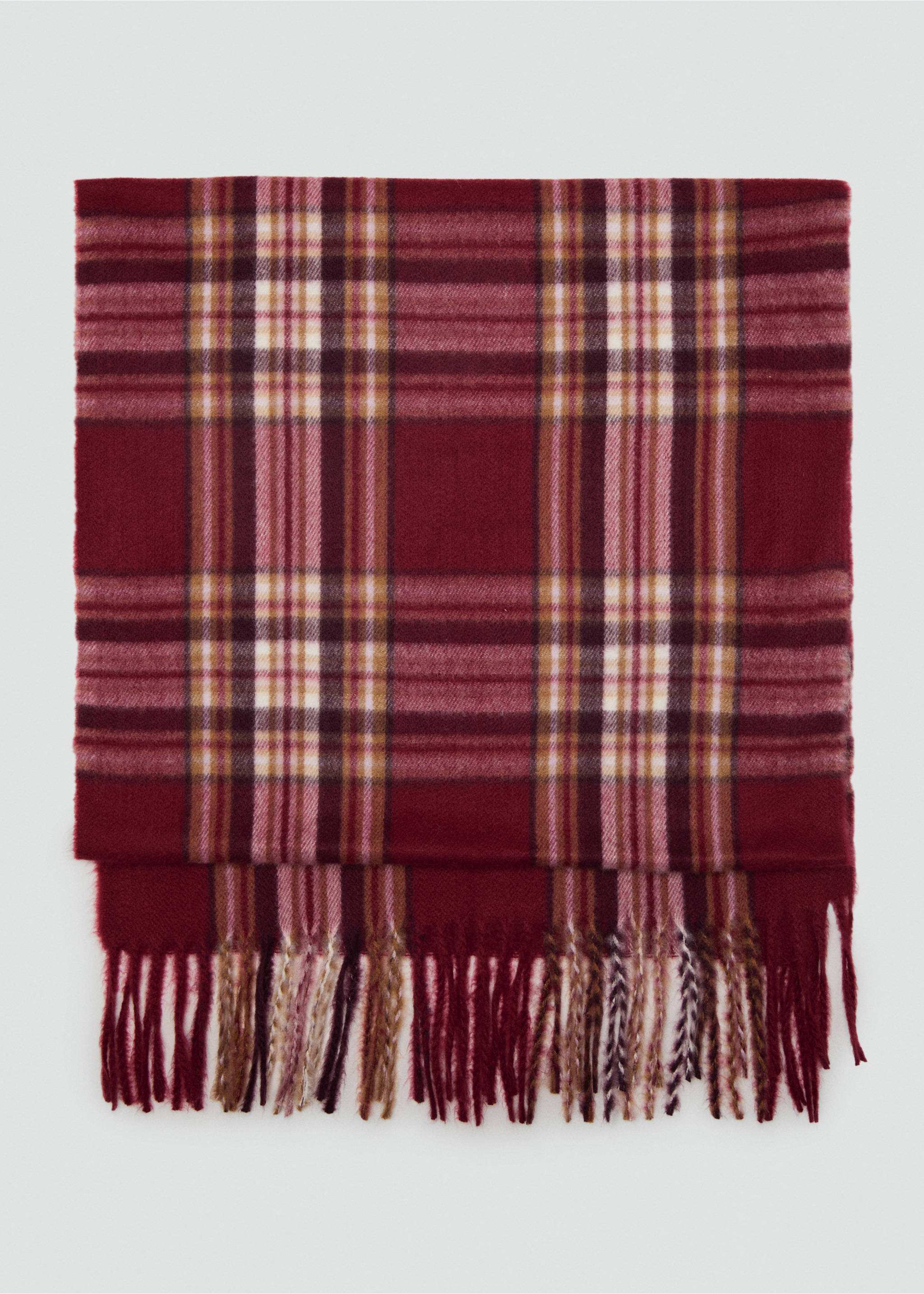 Check scarf with fringed ends - Article without model, Burgundy. Ref: 17025990-00.