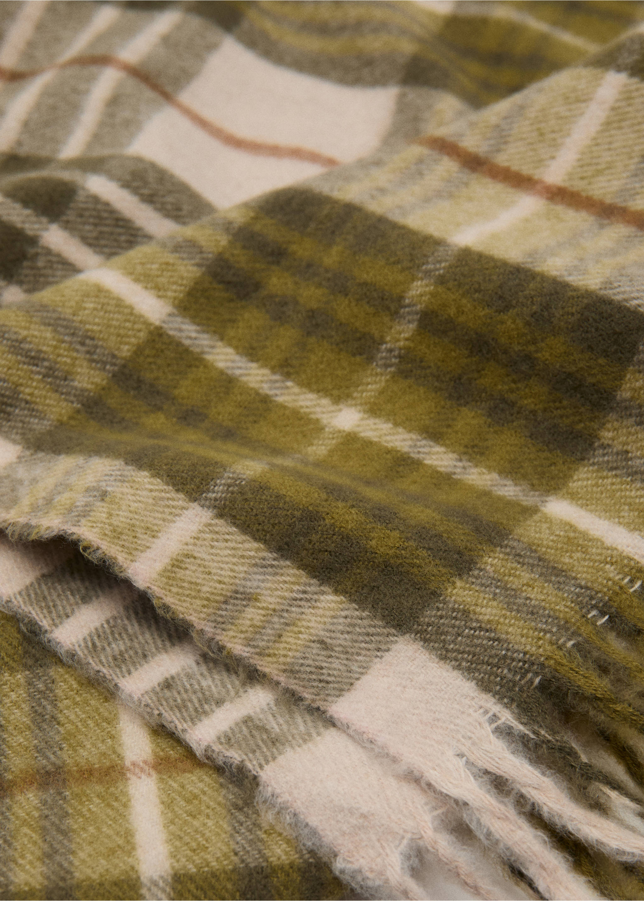 Check scarf with fringed ends - Medium plane, Khaki. Ref: 17025991-00.