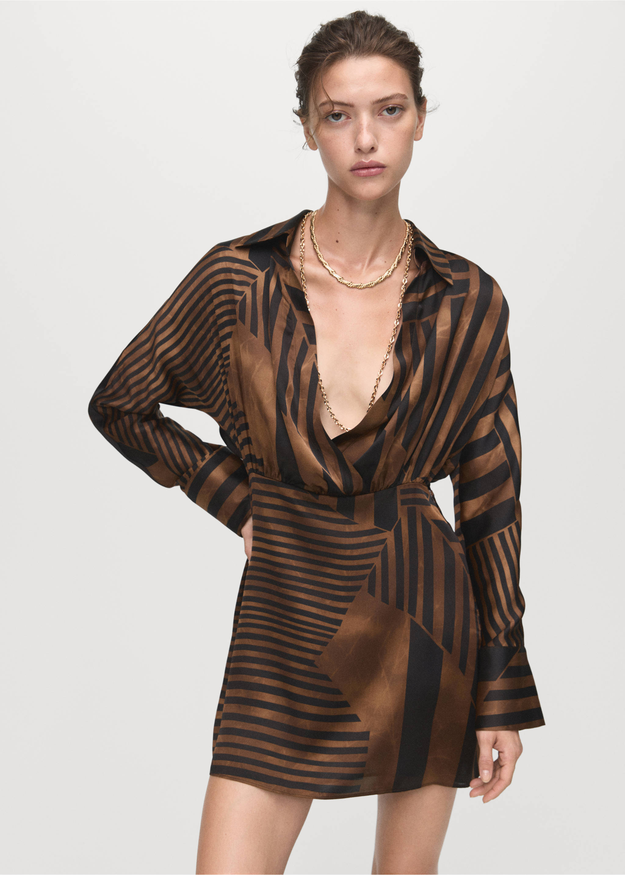 Striped satin dress - Medium plane, Brown. Ref: 17026005-00.