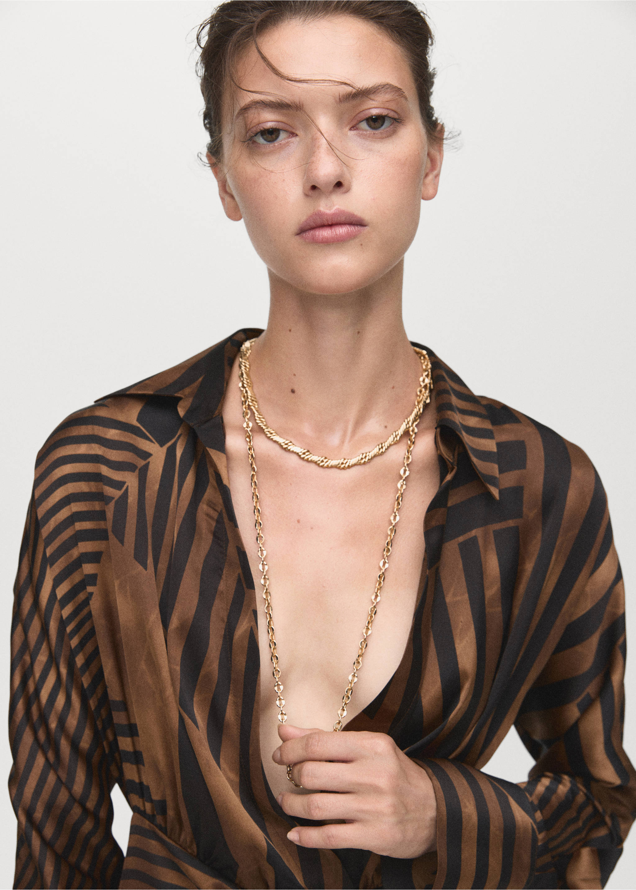 Striped satin dress - Details of the article 1, Brown. Ref: 17026005-00.