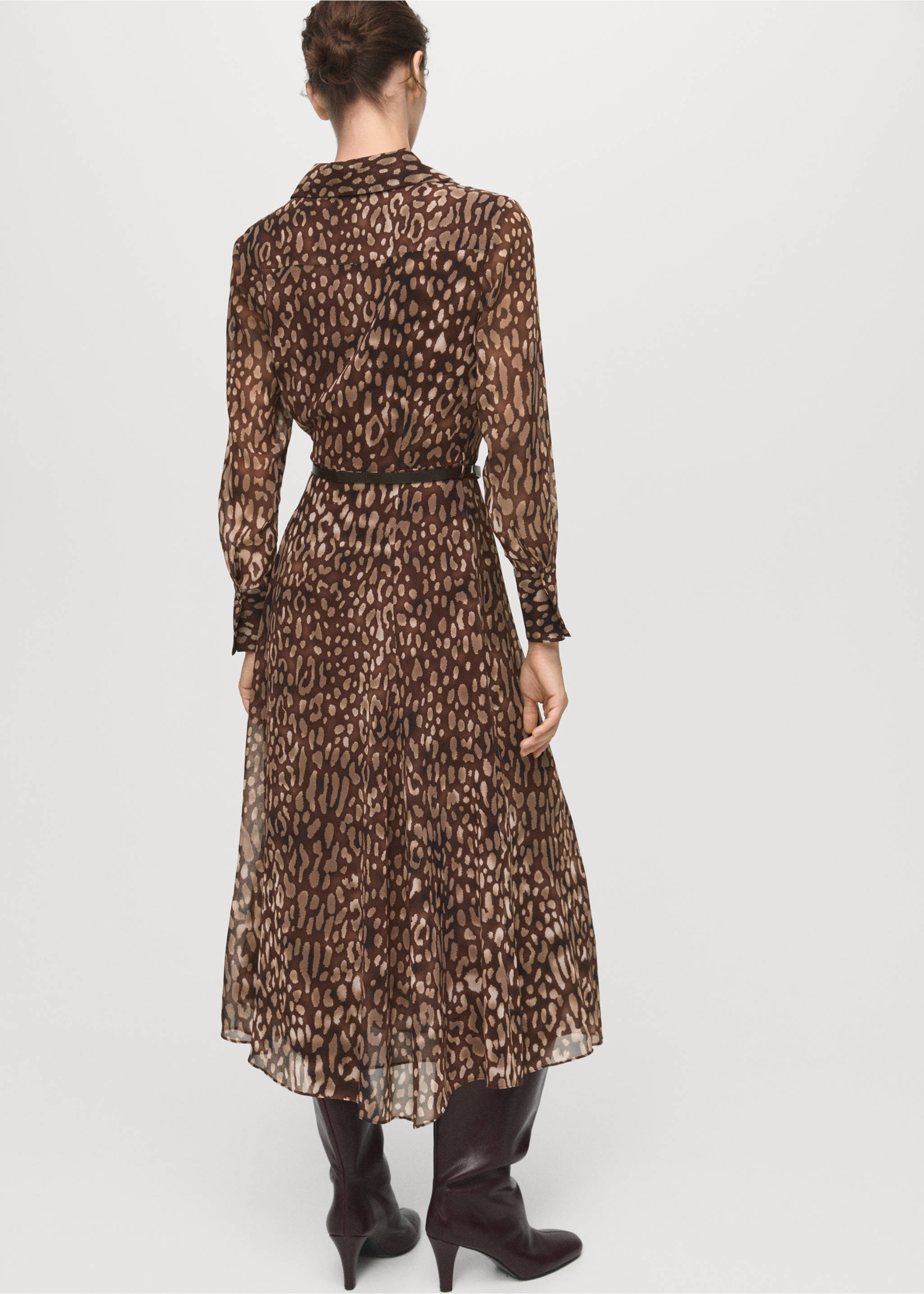 Back view of a brown animal print midi shirt dress with a thin belt., Brown. Ref: 17026006-00.