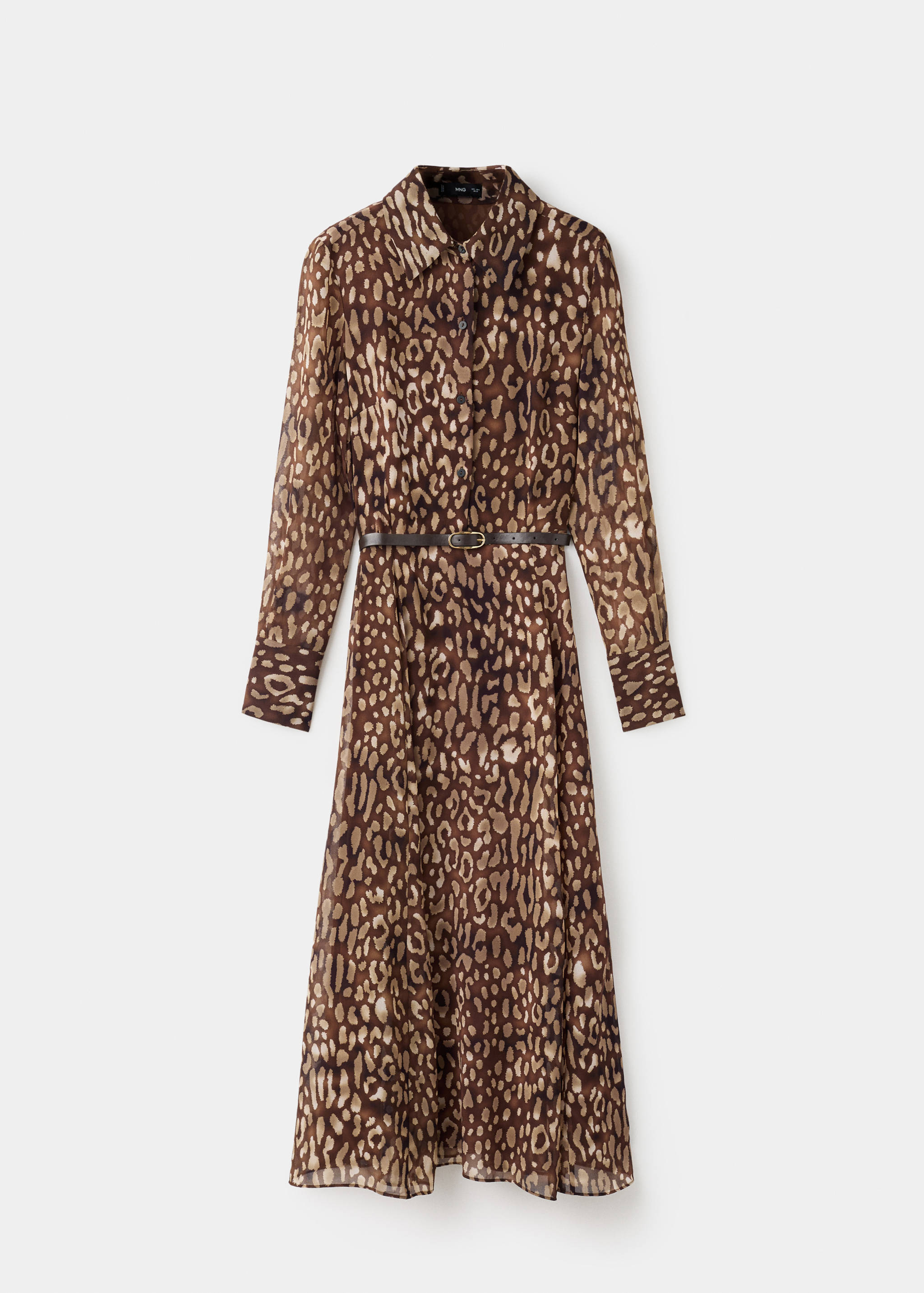 Brown animal print midi shirt dress with a thin belt.