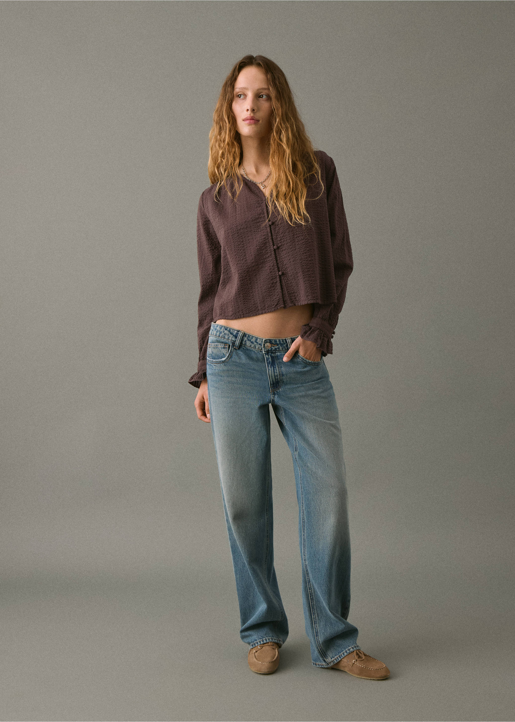 Dark plum textured blouse with long sleeves, button fastening, and ruffled cuffs., Brown. Ref: 17026337-00.