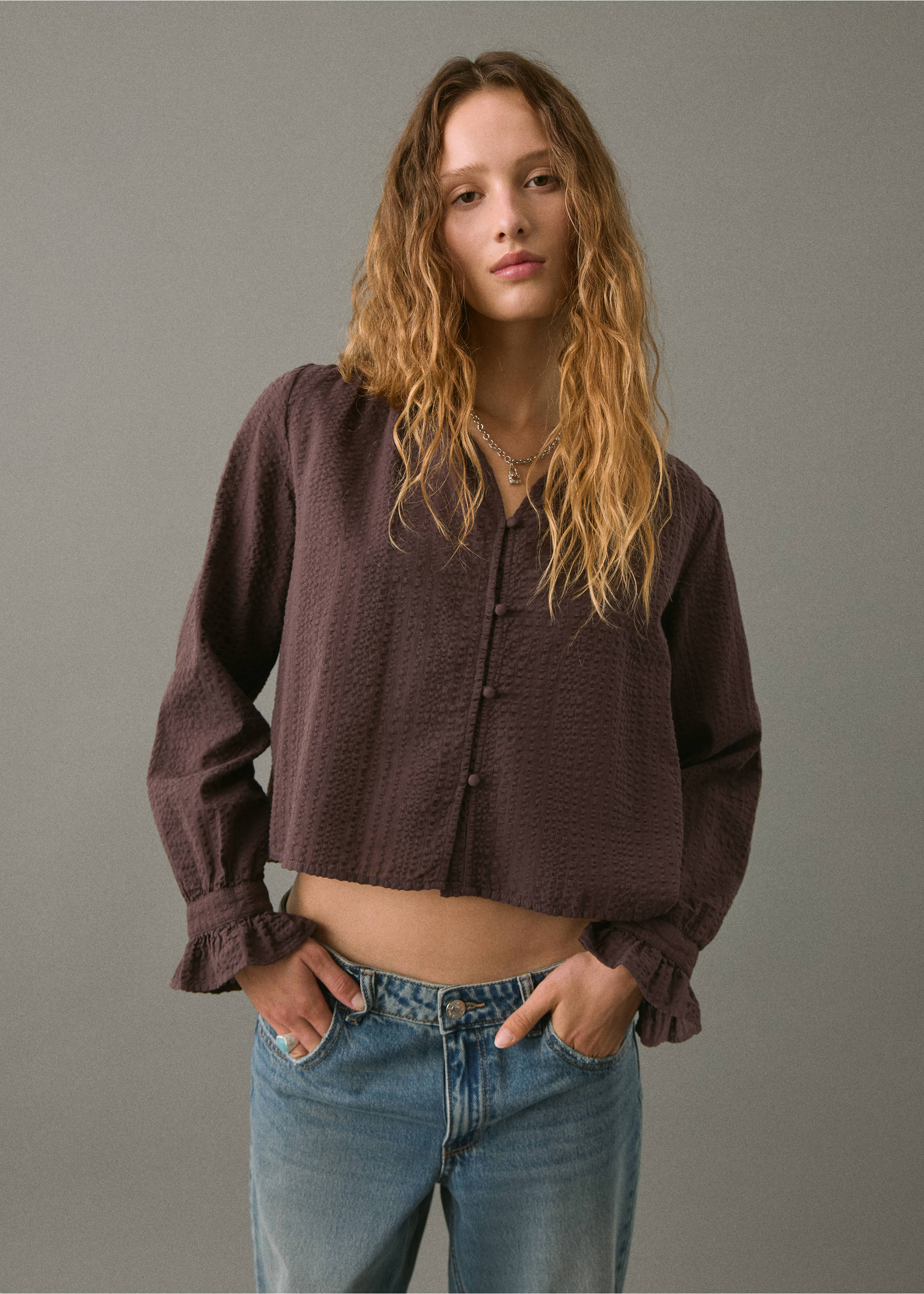 Dark brown textured blouse with long sleeves and ruffled cuffs., Brown. Ref: 17026337-00.