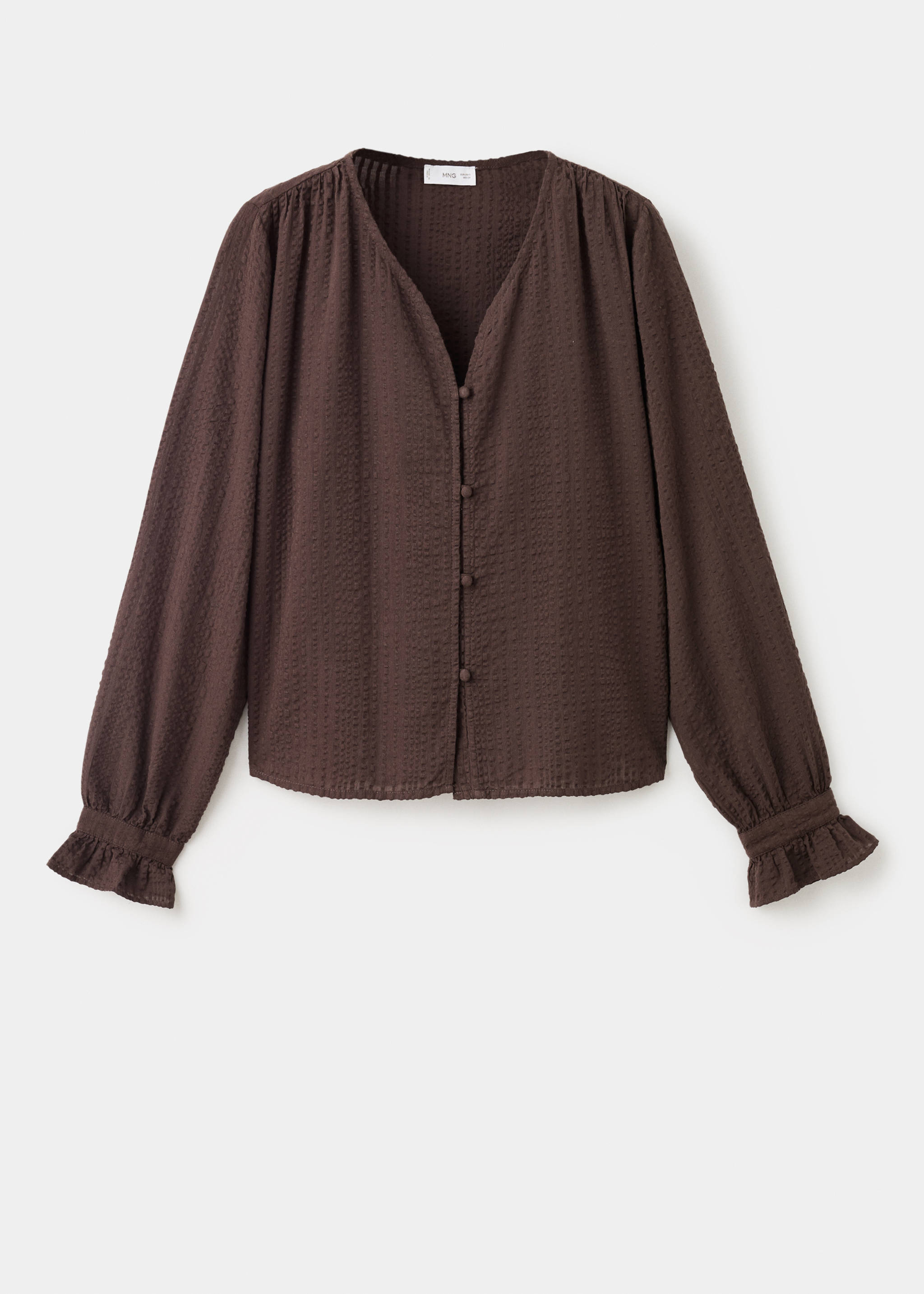 Dark brown textured girls' blouse with long ruffled cuffs and front button fastening.