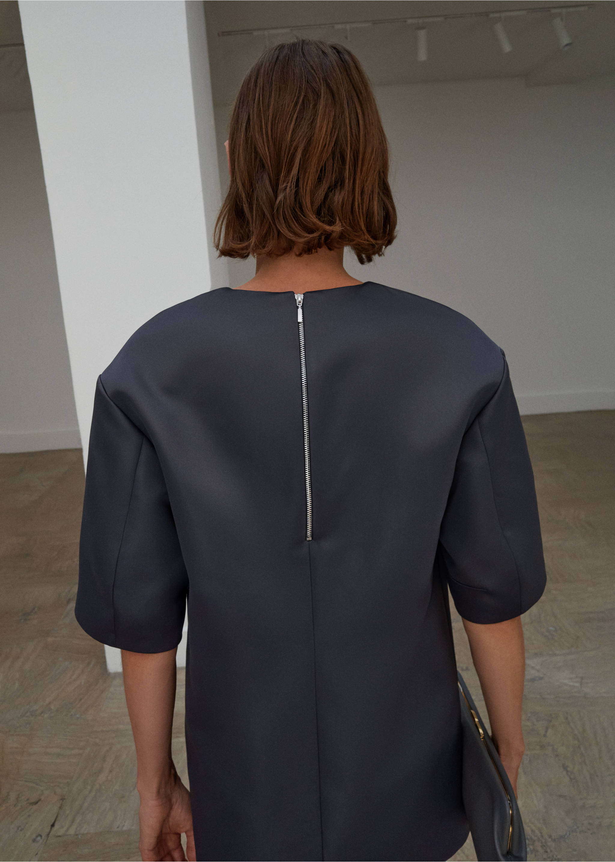 Dark grey dress, back view with a zip fastening, Charcoal. Ref: 17026357-00.