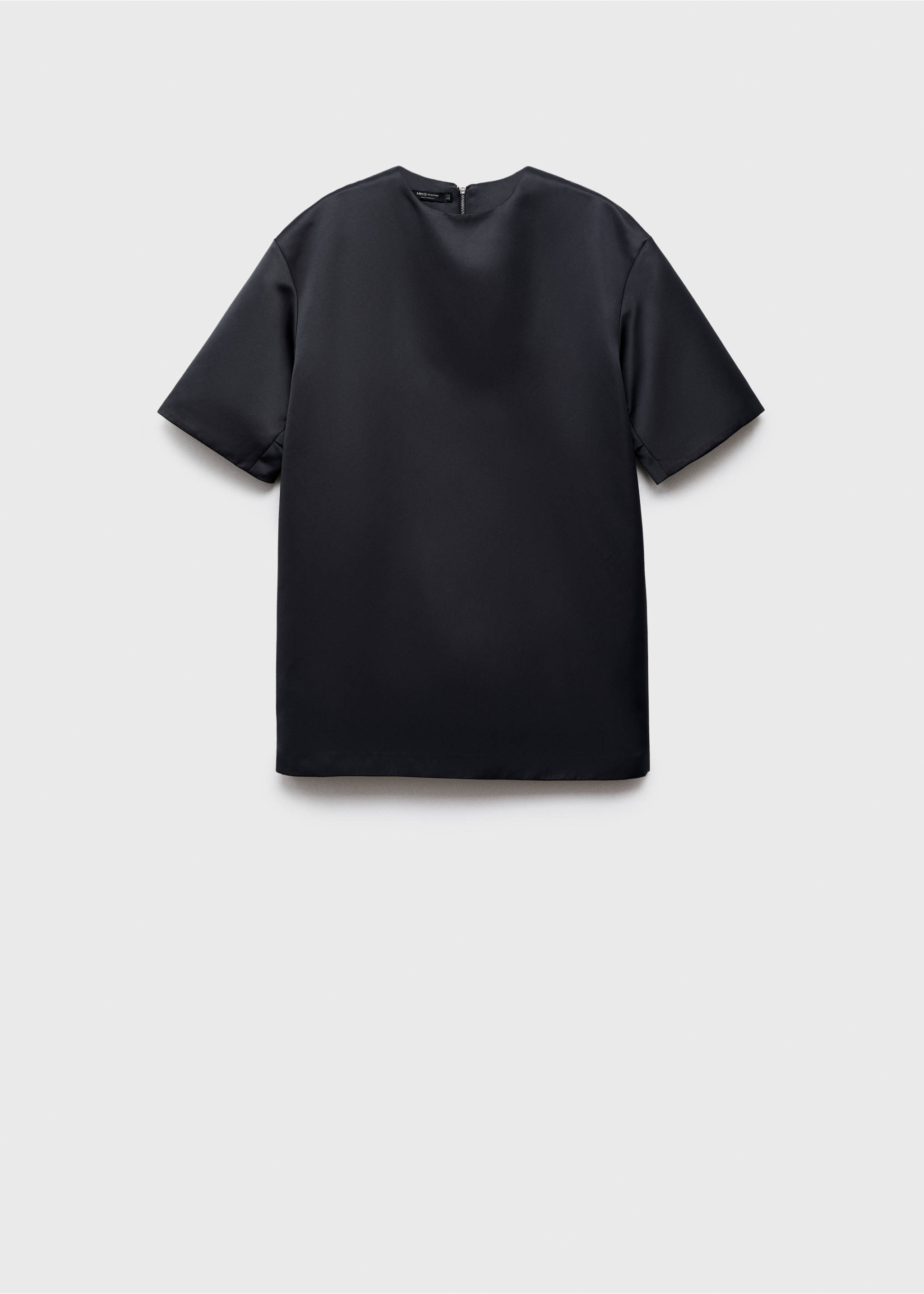 Dark blue satin short-sleeved dress in a still-life view., Charcoal. Ref: 17026357-00.