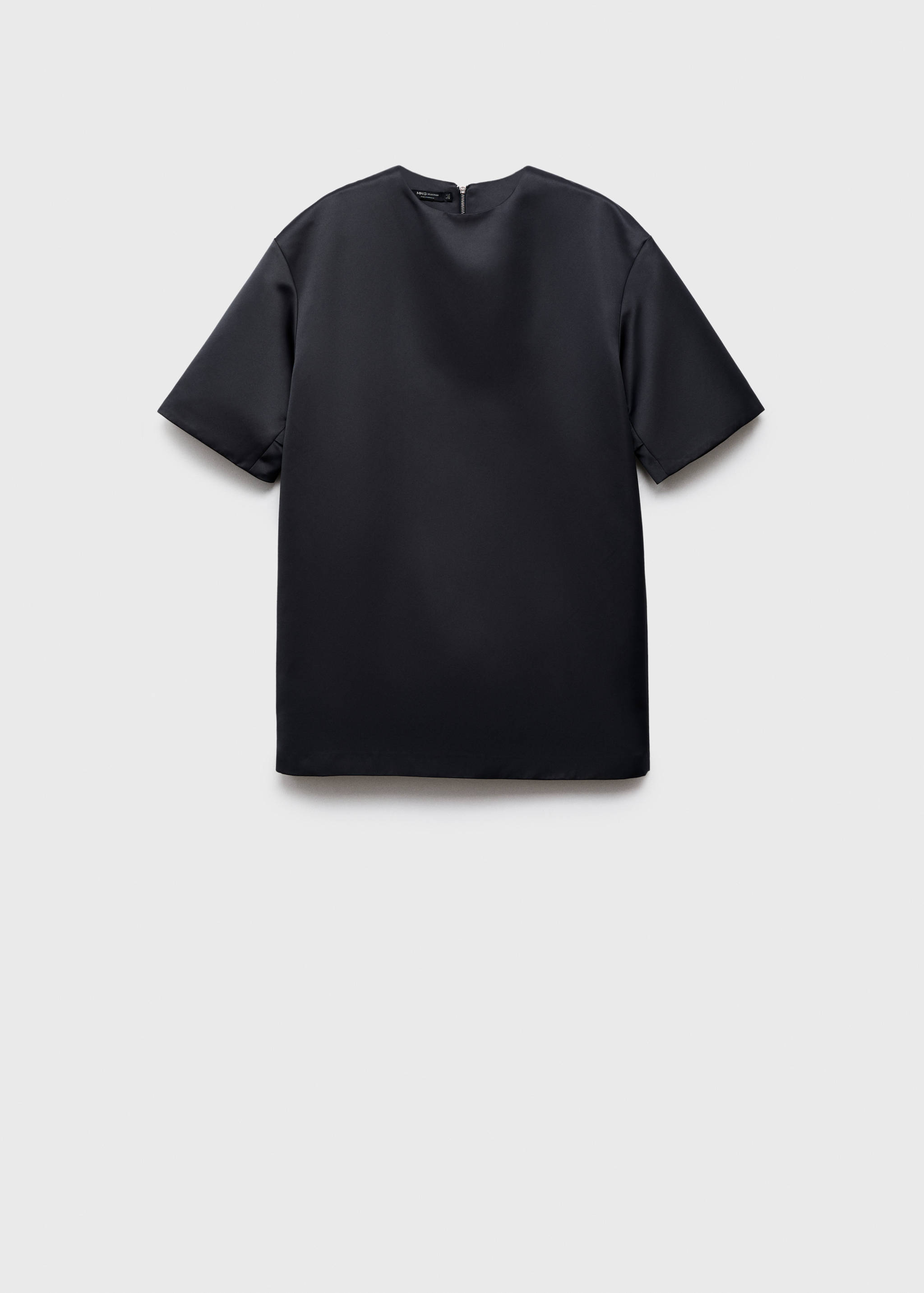 Dark blue satin short-sleeved dress in a still-life view.