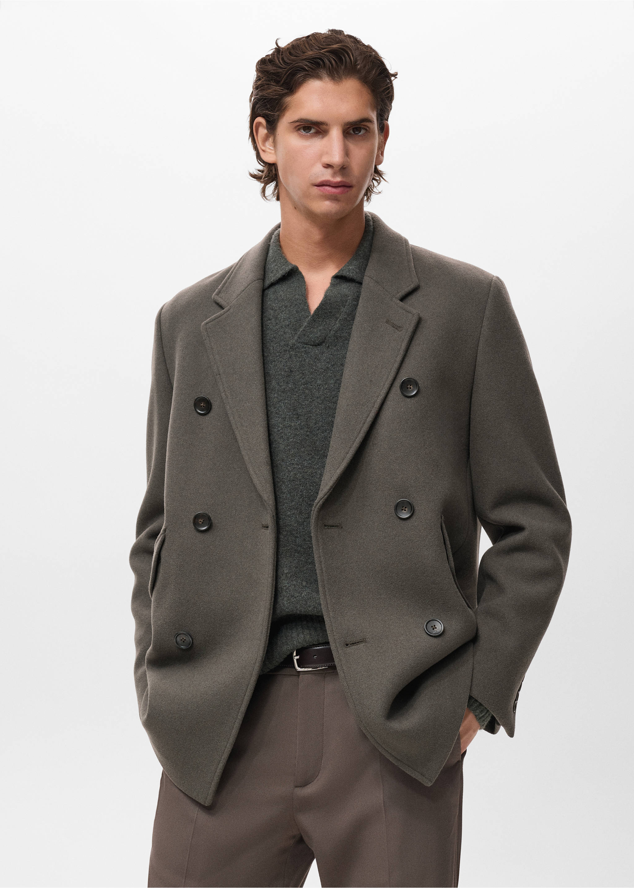 Double-breasted wool-blend coat - Medium plane, Dark Green. Ref: 17027886-00.