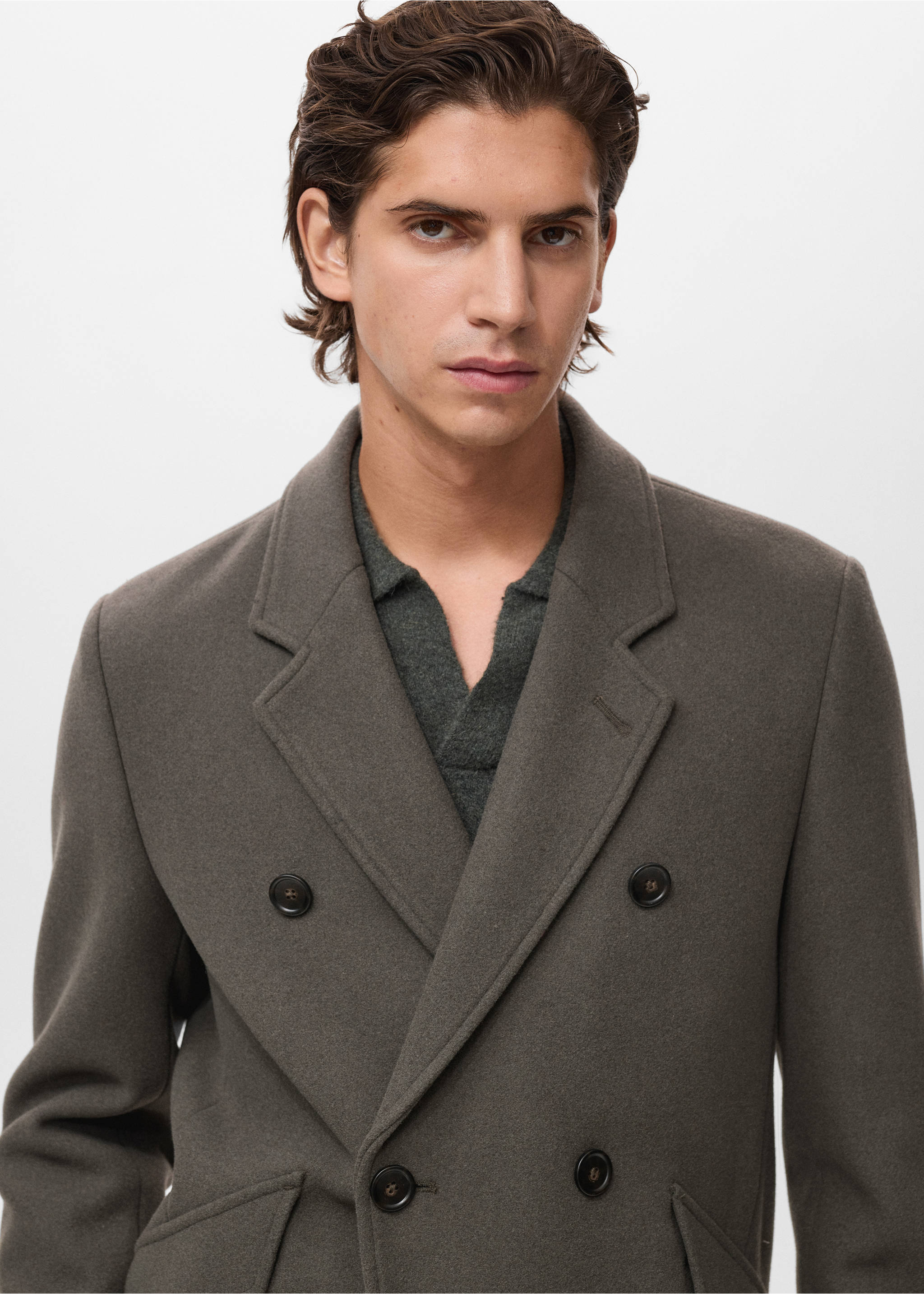 Double-breasted wool-blend coat - Details of the article 1, Dark Green. Ref: 17027886-00.