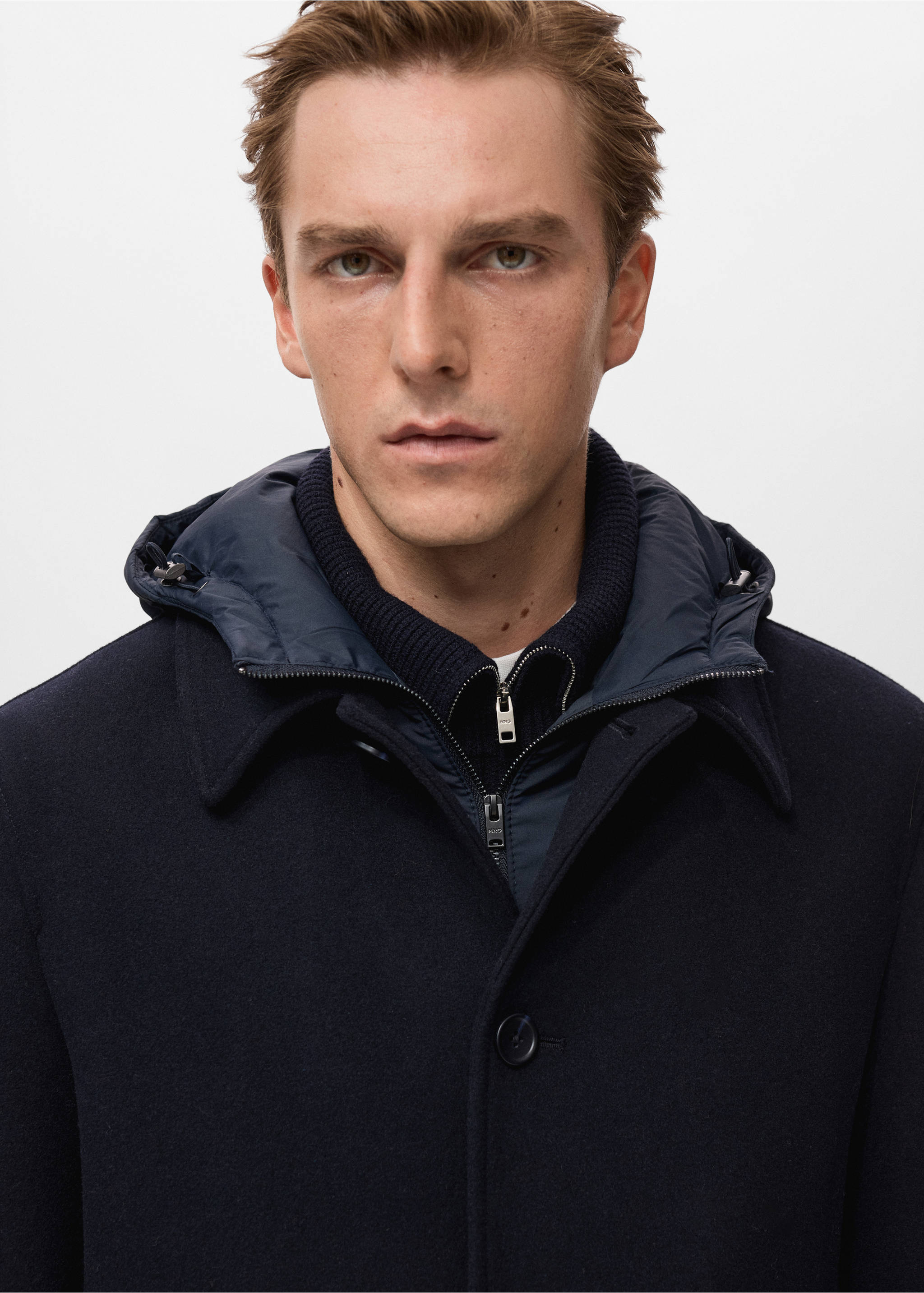Detachable hood wool coat - Details of the article 1, Navy. Ref: 17027888-00.