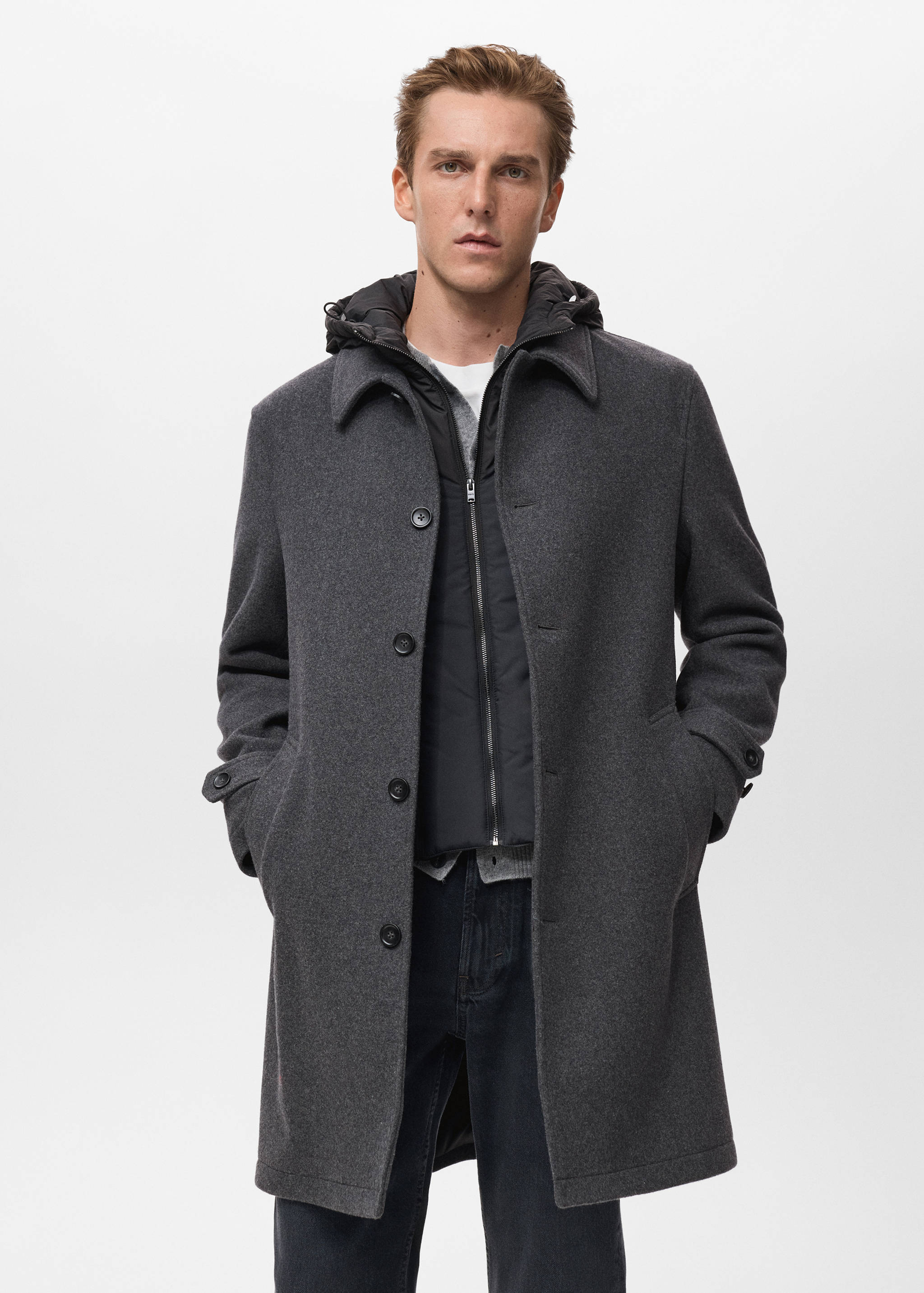 Detachable hood wool coat - Medium plane